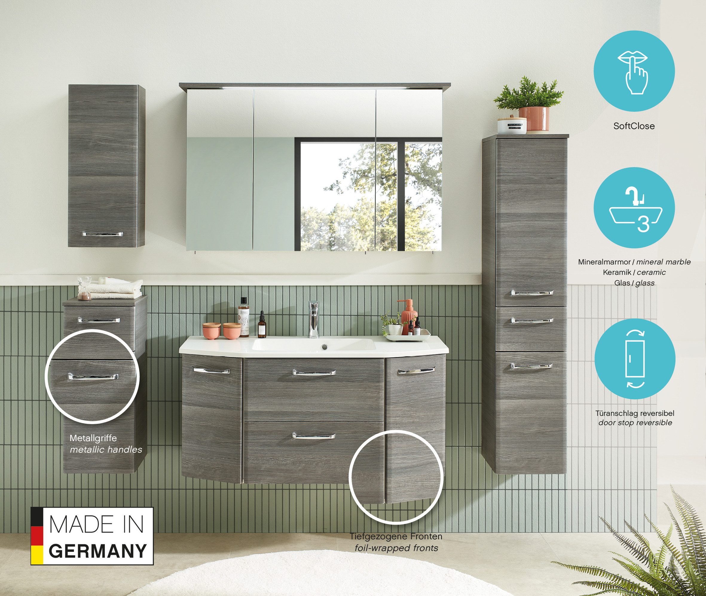Saphir Unterschrank Quickset Badschrank mit 1 Tür, 1 Schublade, 1 Glas-Einlegeboden 30 cm breit, Badezimmerschrank inkl. Türdämpfer, Griffe in Chrom Glanz