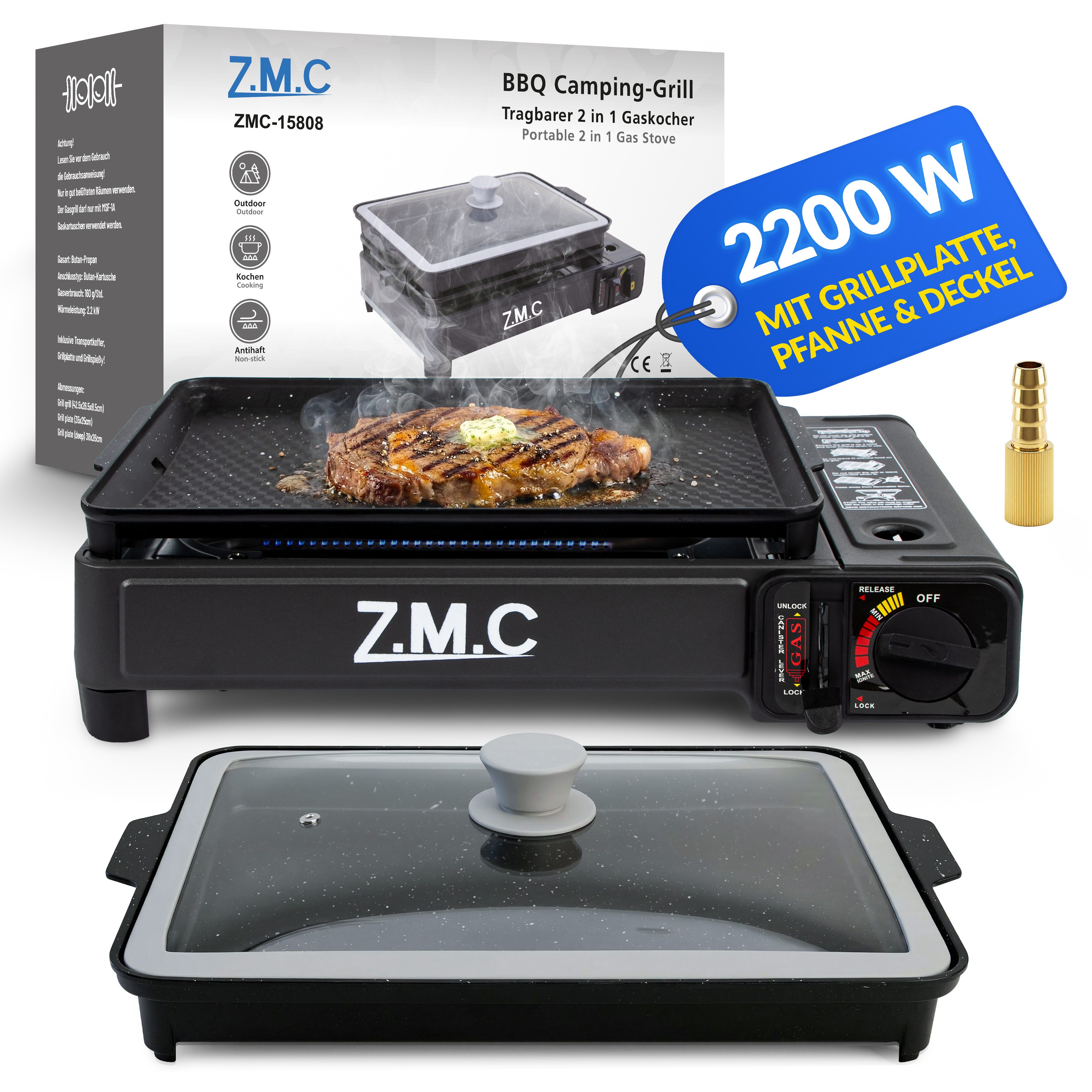 ZMC Gaskocher 2in1 Gaskocher Campingkocher Grillplatte Gasgrill Outdoor Camping, (Gaskocher 2.2KW Outdoor Camping Kocher Kochfeld), Herd Tragbarer Tischgrill Grillpfanne