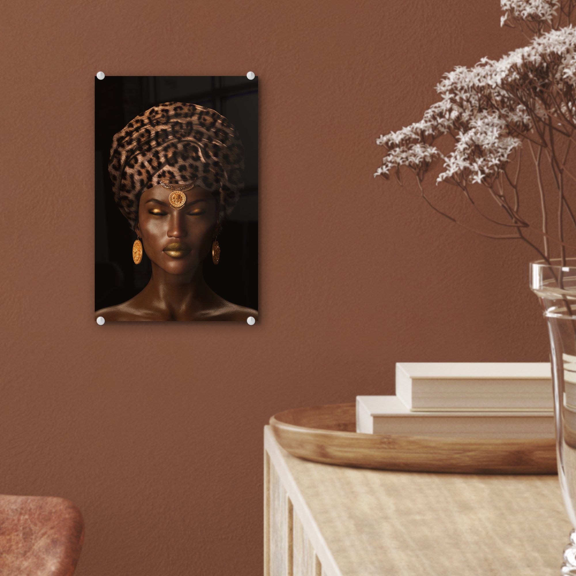 MuchoWow Acrylglasbild Frau Bilder St), Wandbild - Kopftuch (1 Glas - auf - - Tigerdruck, - Wanddekoration Glasbilder Glas Foto auf