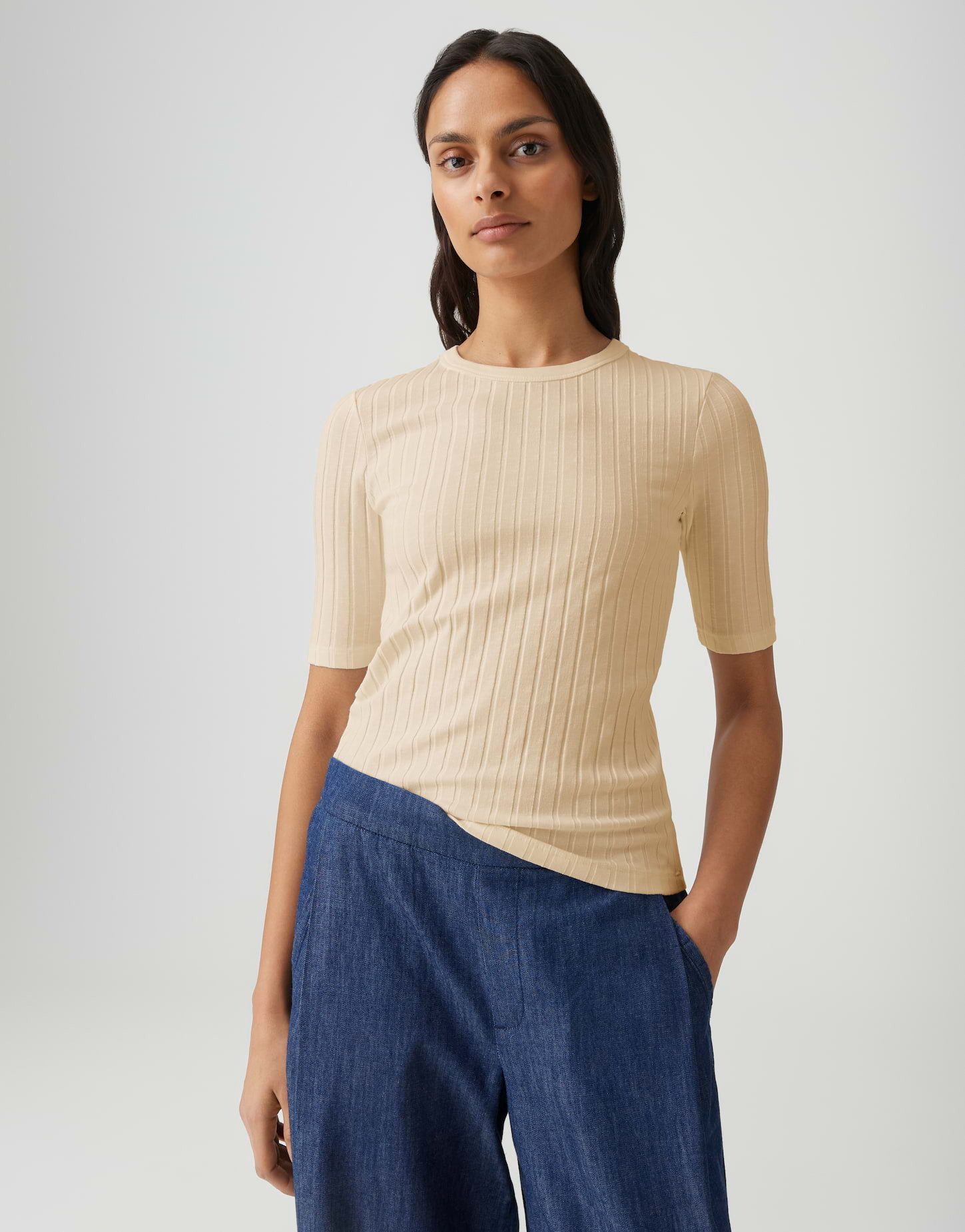 OPUS Kurzarmshirt Basic Rippshirt aus Baumwoll Mix Schmale Passform, Pull-on, elastischer Stoff