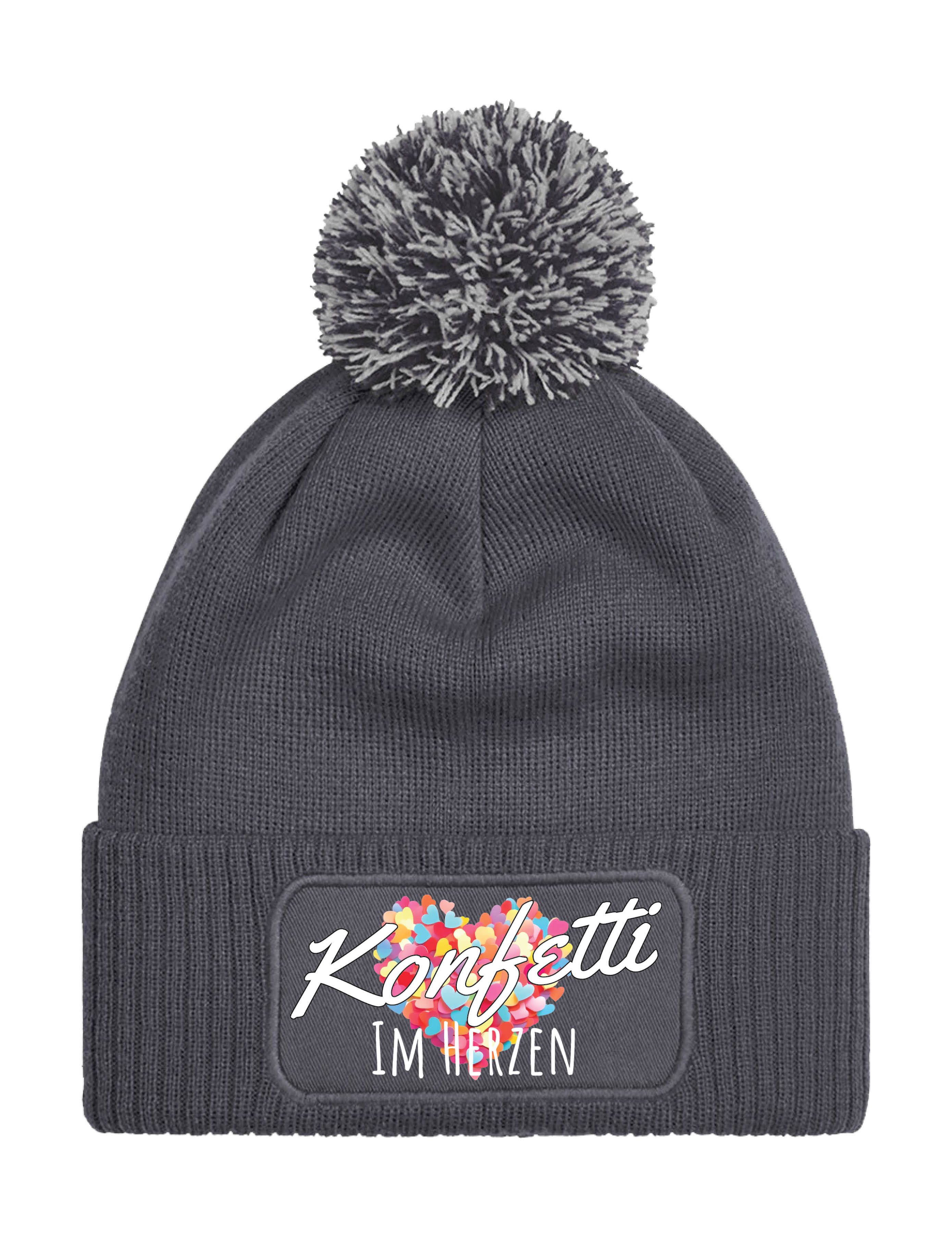 Youth Designz Bommelmütze Unisex Strick Bommel Beanie Mütze Konfetti im Herz Aufdruck Geschenk mit lustigen Logo für Damen und Herren