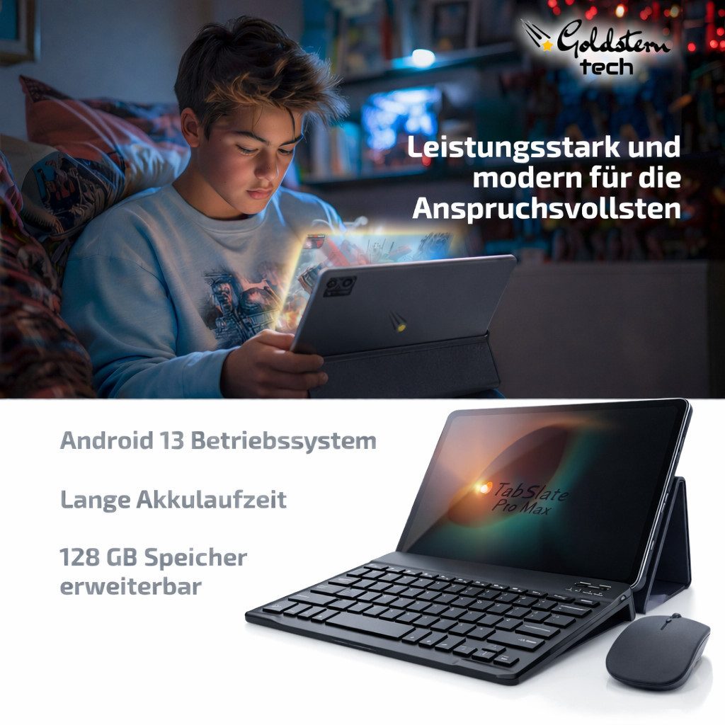 Goldstern-Tech Pro-Max-Set Tablet (12", 128 GB, Android 13, 12-Zoll-2K-Display, Octa-Core, 128 GB, 8000 mAh Akku, mit Tastatur)