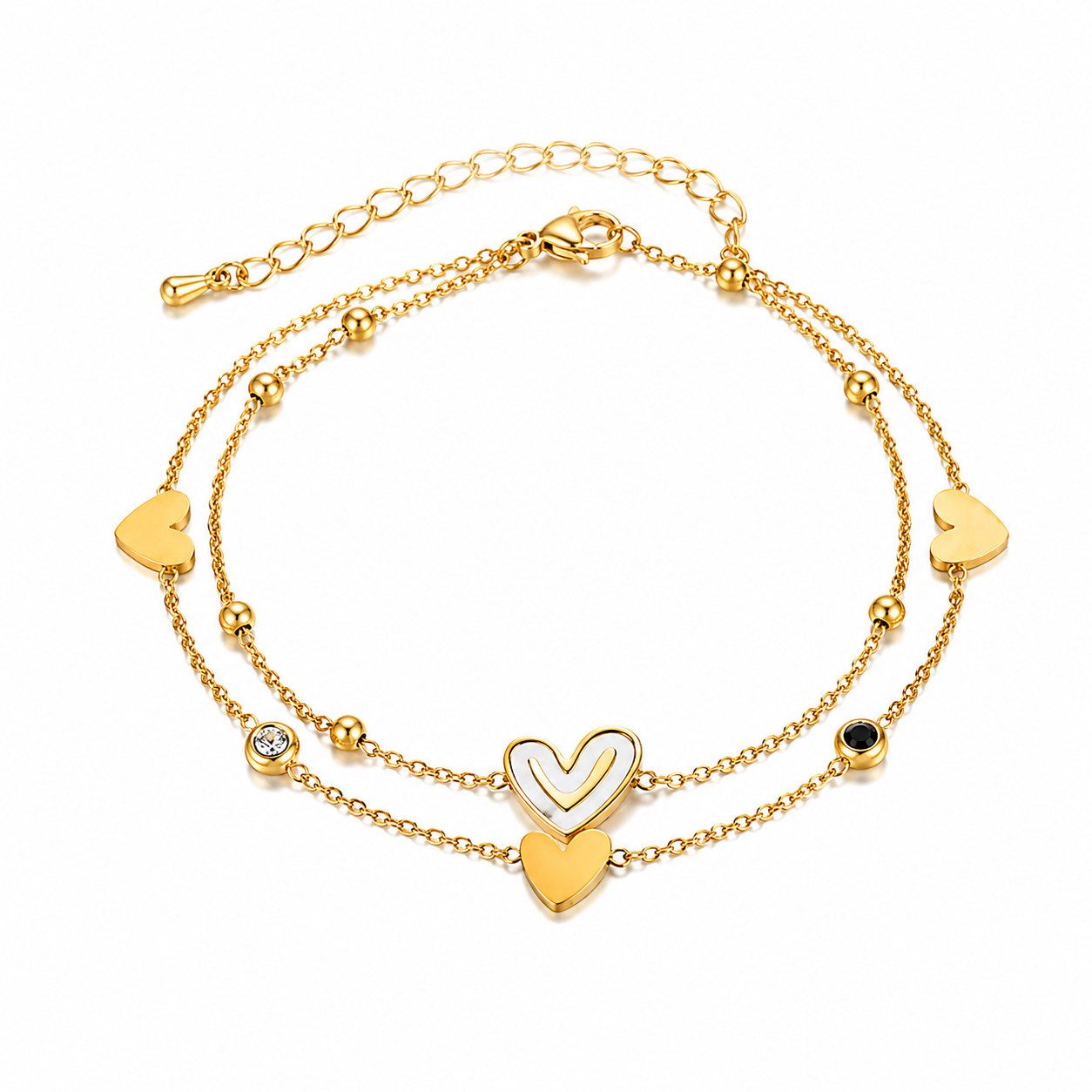RAIKOU Fußkette mit Anhänger Gold Edelstahl – Doppelreihig mit Herz & Smiley aus Natur Perlmutt, Mit Anti-Oxidations Geschenkbox