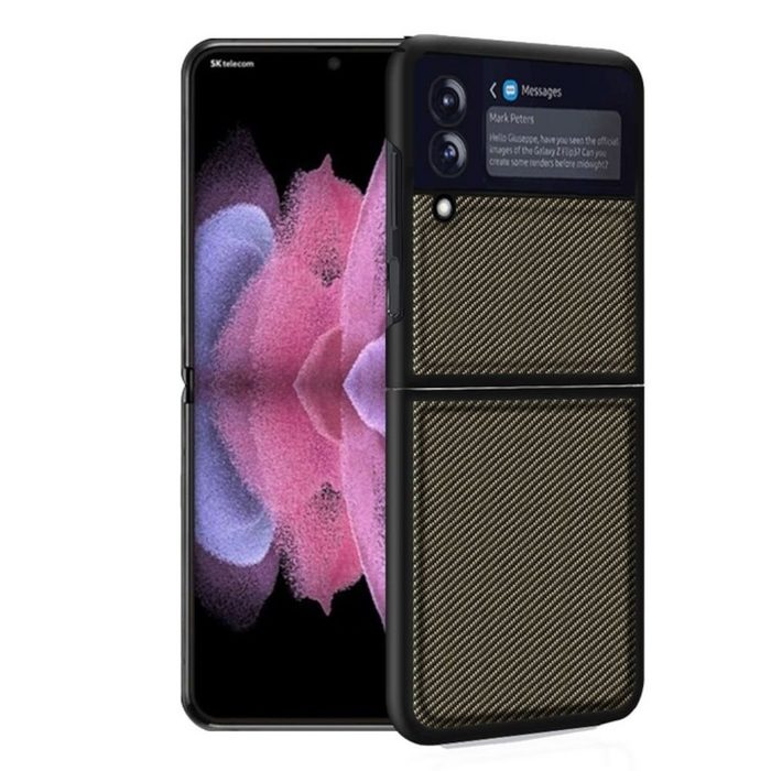 Wigento Handyhülle Für Samsung Galaxy Z Flip3 5G Carbon Design Kunststoff Hart Cover Handy Tasche Hülle Etuis Gold