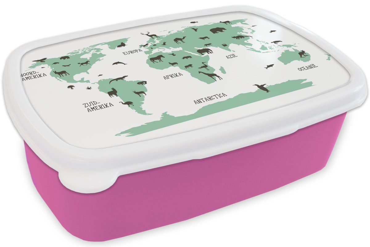 Mädchen, - Mädchen, Kinder, Kunststoff MuchoWow - Kunststoff, - Kinder Snackbox, für Brotdose - Brotbox Grün Tiere Erwachsene, rosa (2-tlg), - Junge Weltkarte Lunchbox
