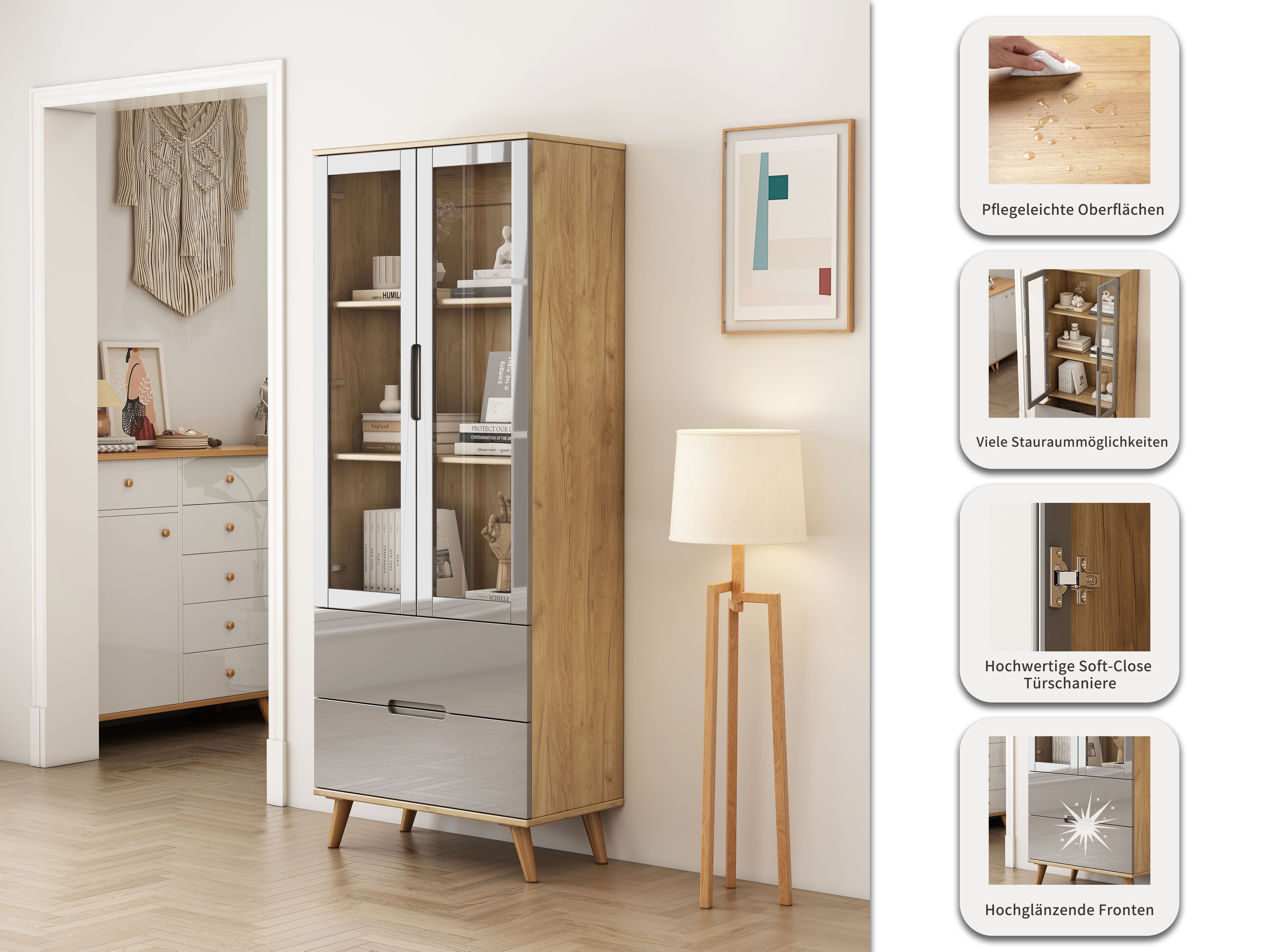 OTTO home Highboard Lund, mit glänzenden Fronten, Glastüren, helles Holzdekor, Breite 70 cm