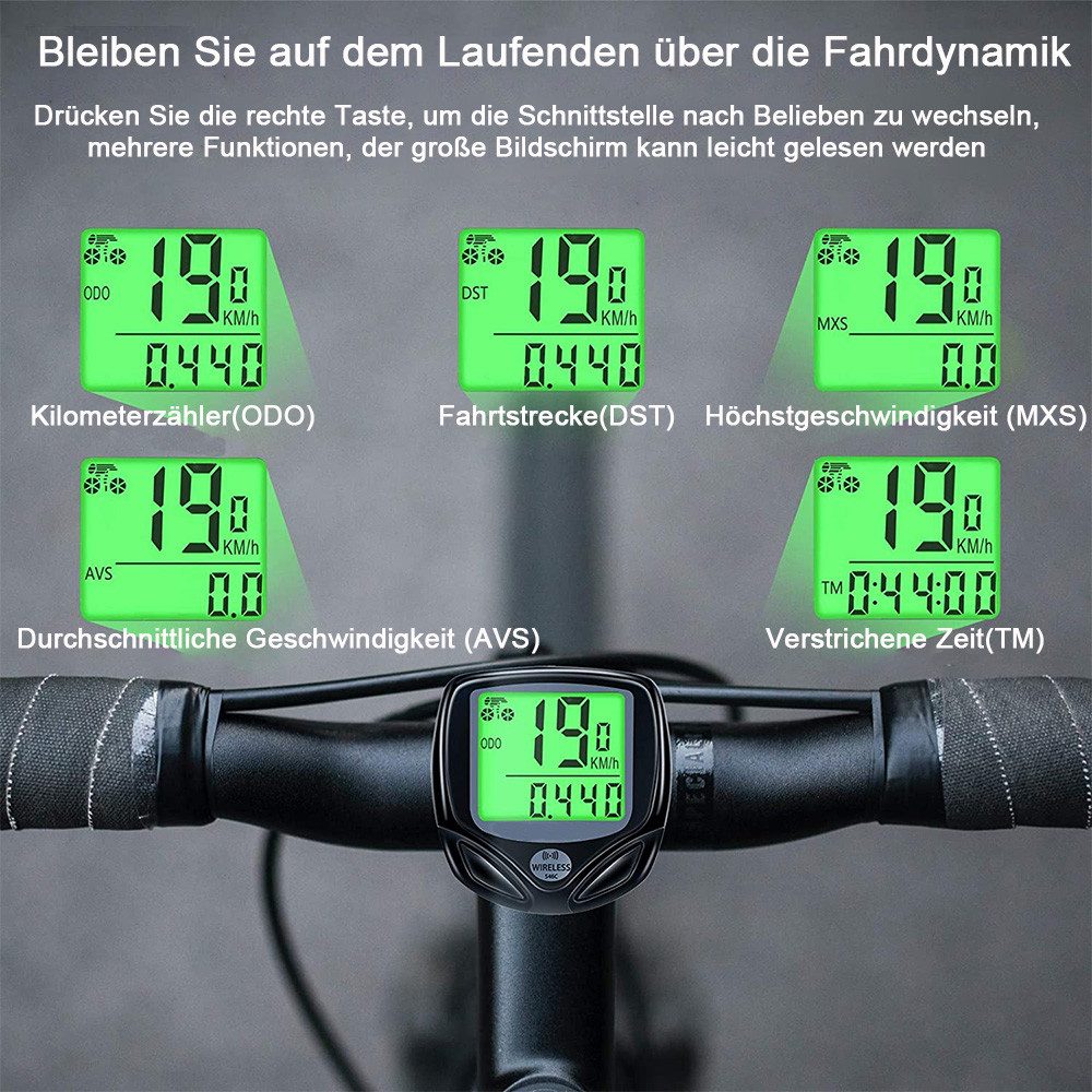 TUWENA Fahrradcomputer Wasserdichter kabelloser Fahrradcomputer mit LCD-Display, Automatisches Aufwachen, Nachtlicht