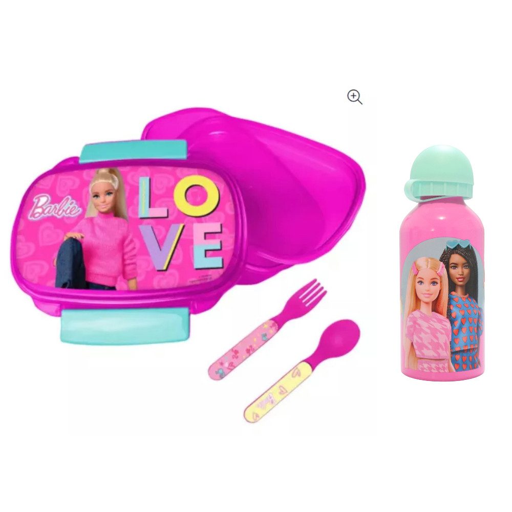 Barbie Lunchbox Barbie and Friends 4 tlg Kinder Set, Kunststoff Aluminium, (4-tlg), Brotdose Aluminium Trinkflasche Besteck