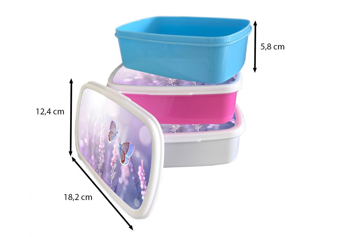 MuchoWow Lunchbox Blumen Lila, und für (2-tlg), weiß Brotbox Kunststoff, Lavendel - und Kinder - Brotdose, Jungs Erwachsene, Schmetterling Mädchen - für
