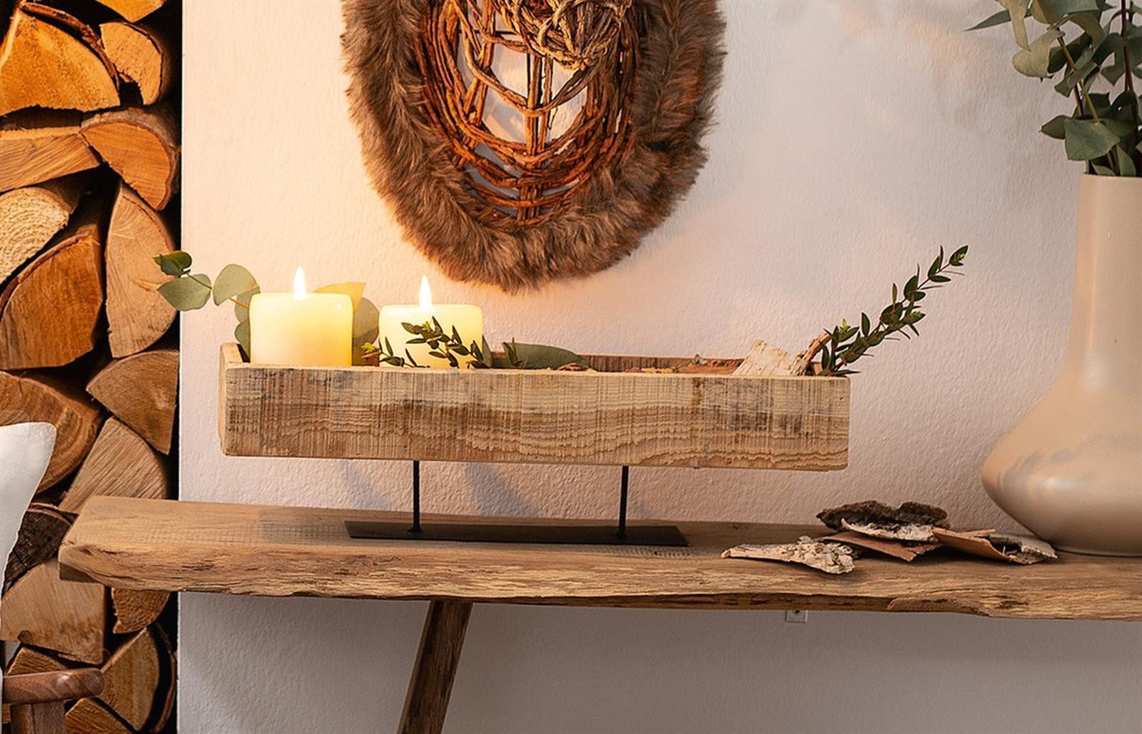 Dekoleidenschaft Dekoschale "Rustikal" im Used-Look – recyceltes Holz, Metallfuß, Kerzentablett, sichtbare Struktur & Farbabweichungen, Kerzenschale – Bild 5 von 5