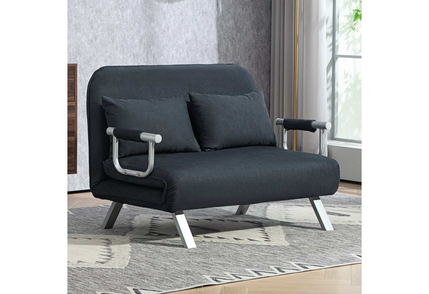 HOMCOM Schlafsofa 3 in 1 Schlafsessel, klappbar, mit Bettfunktion, Kissen, schwarz, Schlafsessel 1 Teile, für Wohnzimmer, Schlafzimmer, Schwarz
