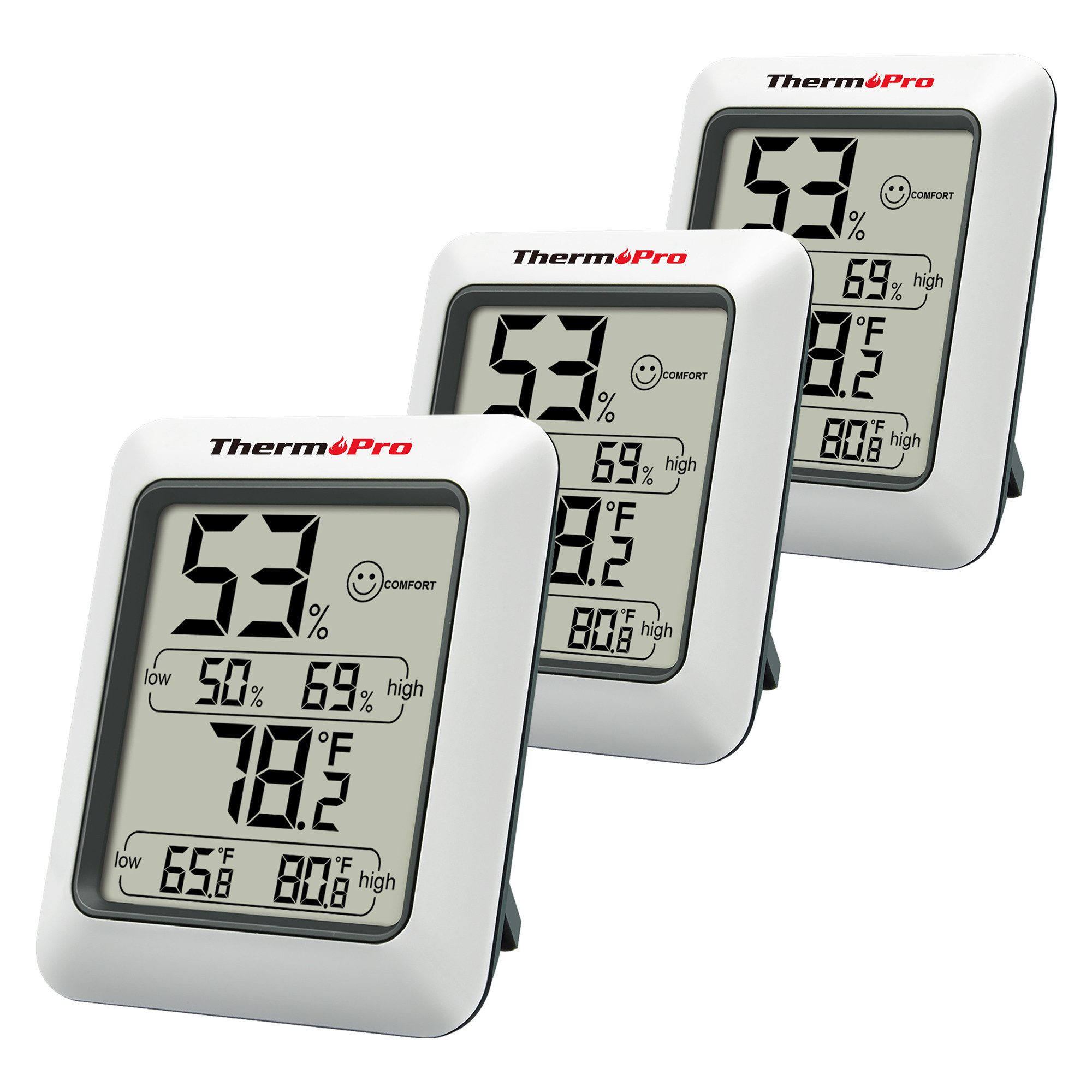 ThermoPro Hygrometer TP50, (Packung, 3-St), Höchstwerte und Tiefstwerte, Komfortindikator, Magnetrückseite
