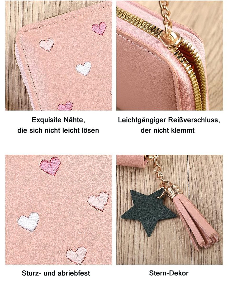 Cachito Geldbörse Damen-Geldbörse mit Reißverschluss, mit Kartenfächern, Kreditkartenhalter, kleine Geldbörse mit Herzstickerei