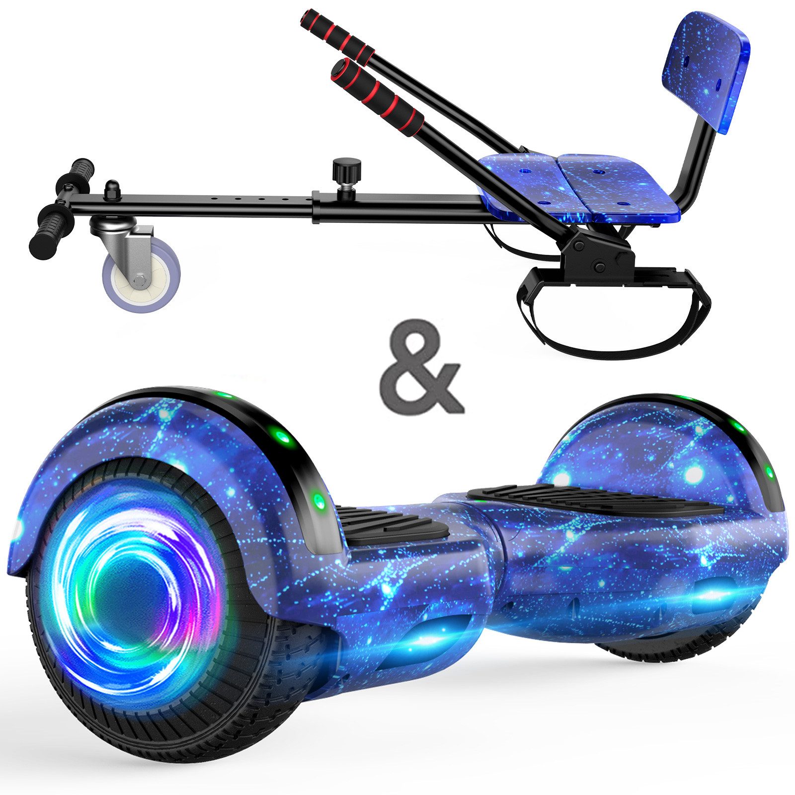 SISIGAD Balance Scooter Kart HY-A02 6,5 Zoll Dualmotorräder, Hoverboard mit kart,LED, Bluetooth, 10 km/h, Ховерборды mit Sitz&LED-Licht und Bluetooth