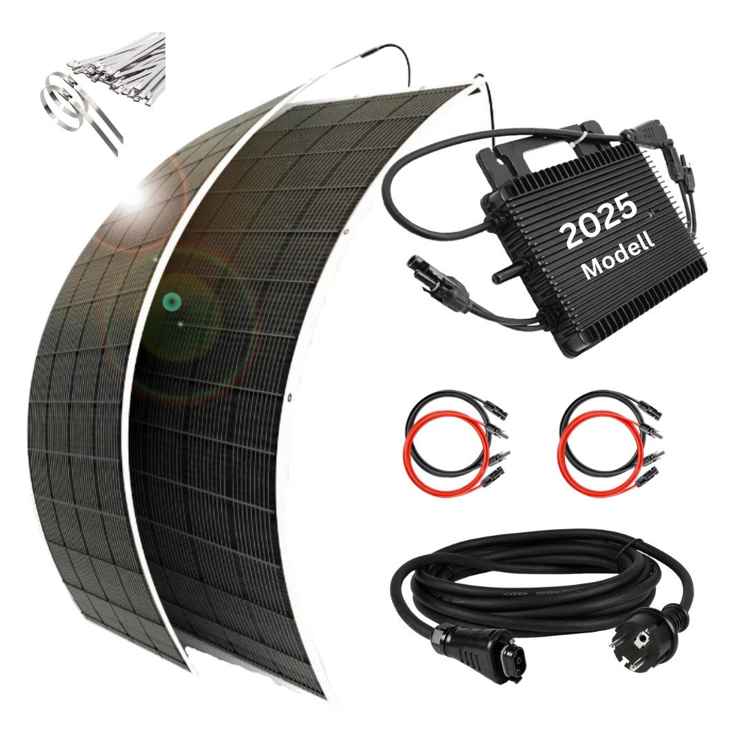 MyVoltaics Balkonkraftwerk MyUltraleicht Solaranlage 620 Watt mit 2 Modulen je nur 5kg leicht, 620 W, glasfreie flexible Module ultraleicht (Gewicht 5kg Modul) ultradünn (Dicke 2 mm), (Set, 3-St., Glasfrei - Montage auch in Höhen über 4m möglich), Genehmigungsfrei, jetzt mit versandkostenfreier Lieferung