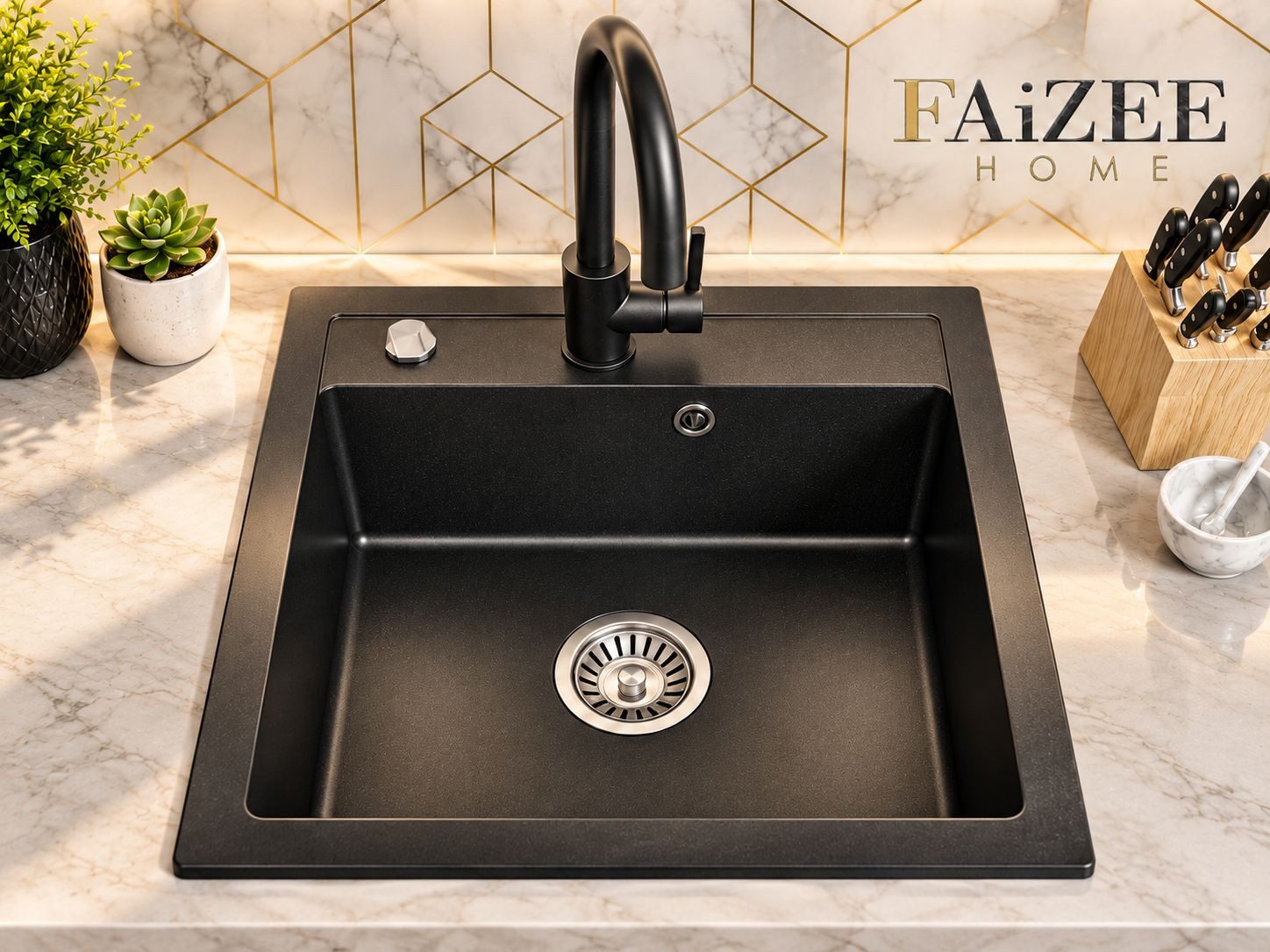 Faizee Möbel Granitspüle Granitspüle Küchenspüle Granit Siphon Spüle 49x52 cm Schwarz, Eckig, 49/52 cm