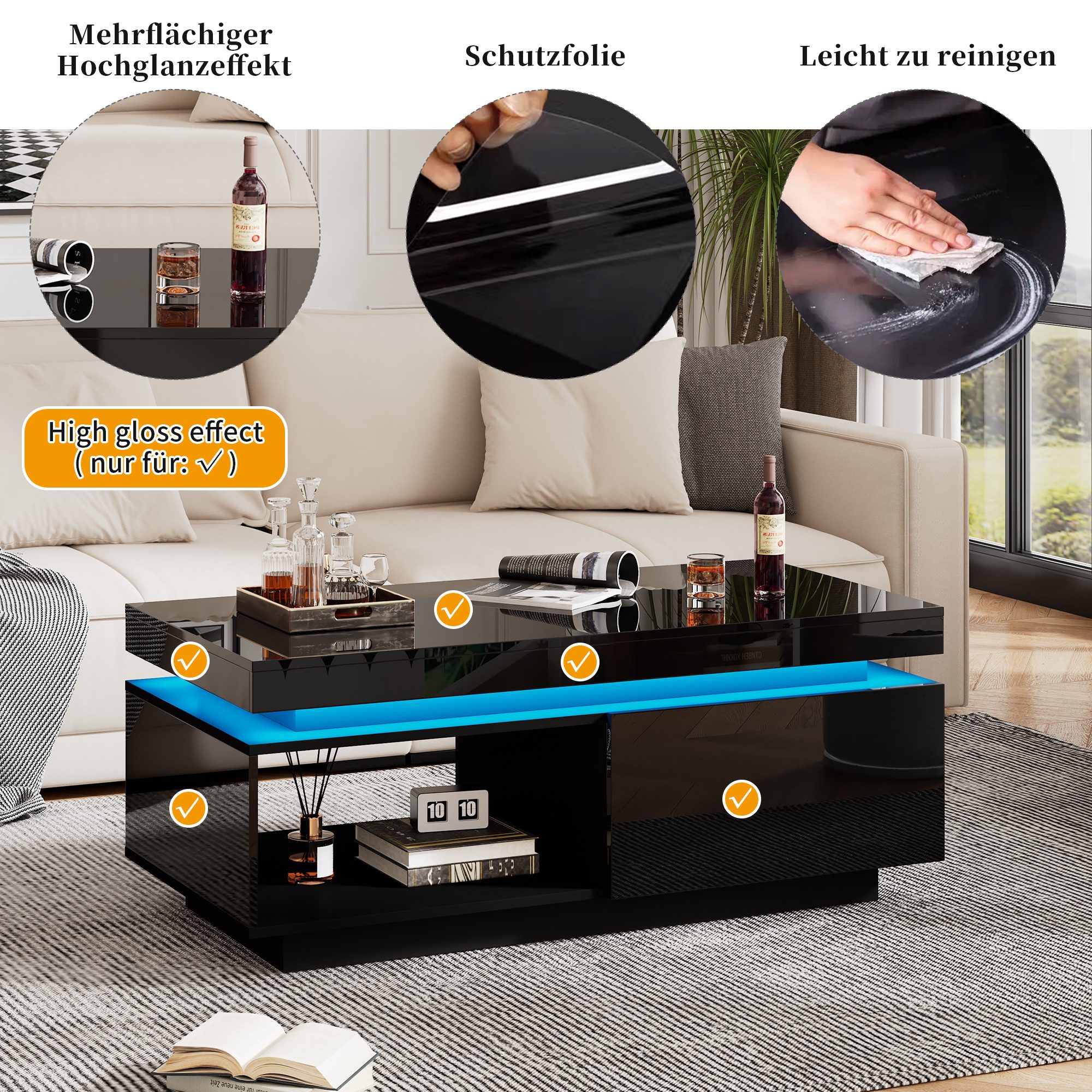 HAUSS SPOLE Wohnzimmer-Set Hochglanz TV-Wandschrank + Couchtisch, Set mit LED-Leuchten schwarz, (Wohnzimmer-Wand-Set, 2-St., 100x50x40cm Couchtisch, 181*38*38cm TV-Schrank), mit LED-Beleuchtung