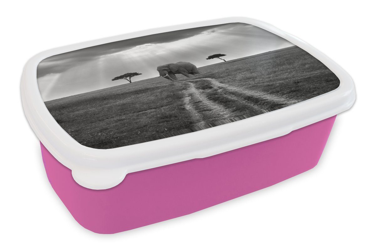 Erwachsene, MuchoWow Kinder, in Kunststoff schwarz, Sonnenschein Mädchen, Naturschutzgebiet Elefanten - Snackbox, Brotdose (2-tlg), rosa einem einem Kunststoff, auf für Brotbox Lunchbox