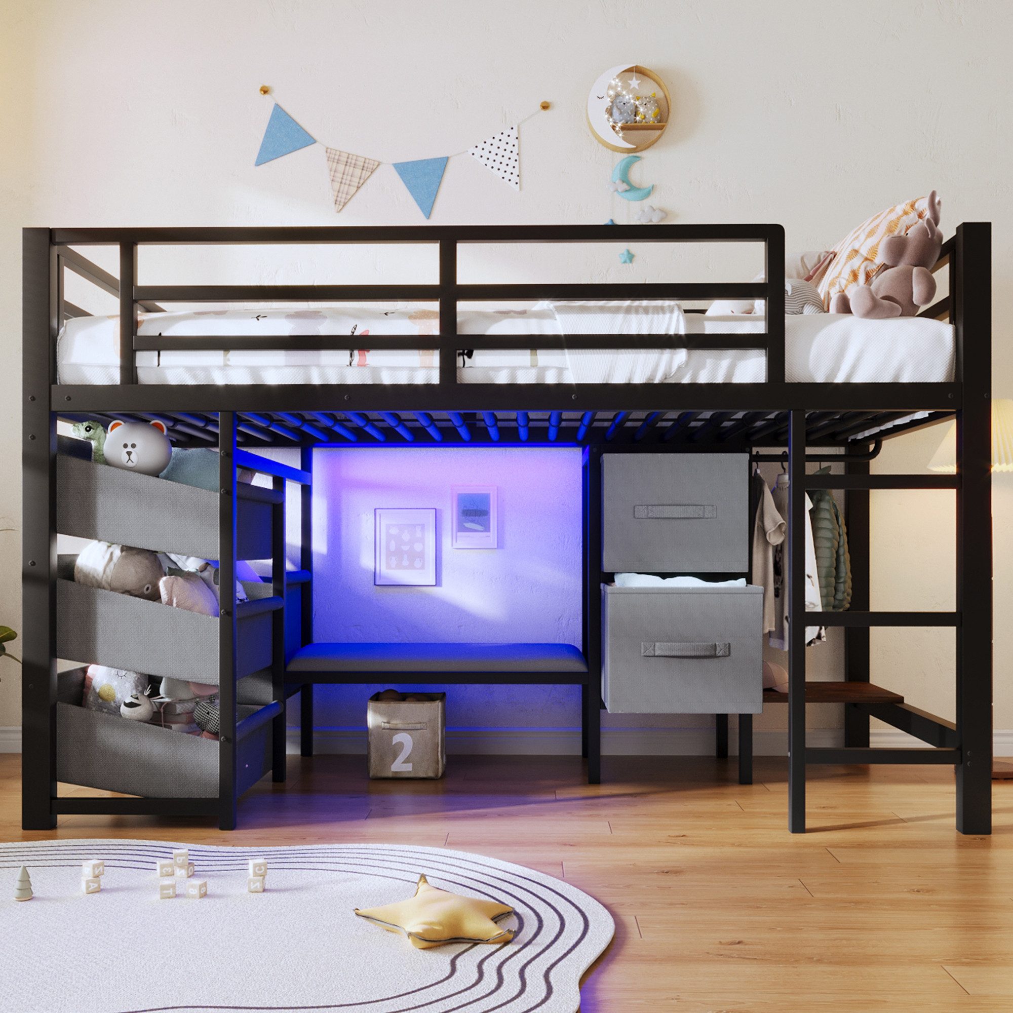Hochbett 90x200 Kinderbett Jugendbett mit LED und Stauraum