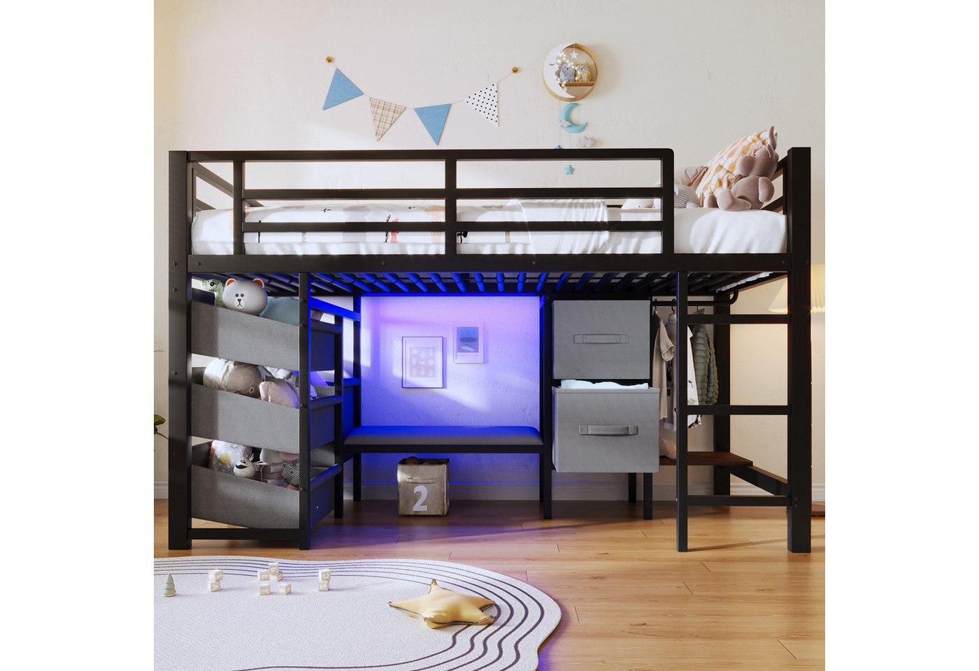 Odikalo Hochbett 90x200 Kinderbett Jugendbett mit LED und Stauraum (90x200 cm, Halbhohes Bett, mit Sitzkissen, Stoff-Stauraumschublade, Stoff-Stauraumtasche, mehrfarbiger LED-Beleuchtung, Kleiderhakenbereich, Metall, ohne Matratze)