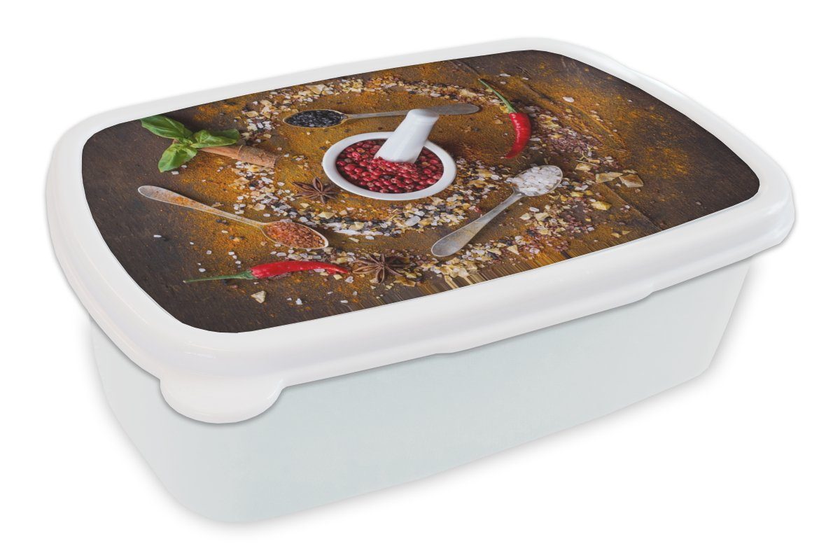 MuchoWow Lunchbox Mörser - Kräuter - Löffel - Gewürze - Braun - Pfeffer, Kunststoff, (2-tlg), Brotbox für Kinder und Erwachsene, Brotdose, für Jungs und Mädchen weiß