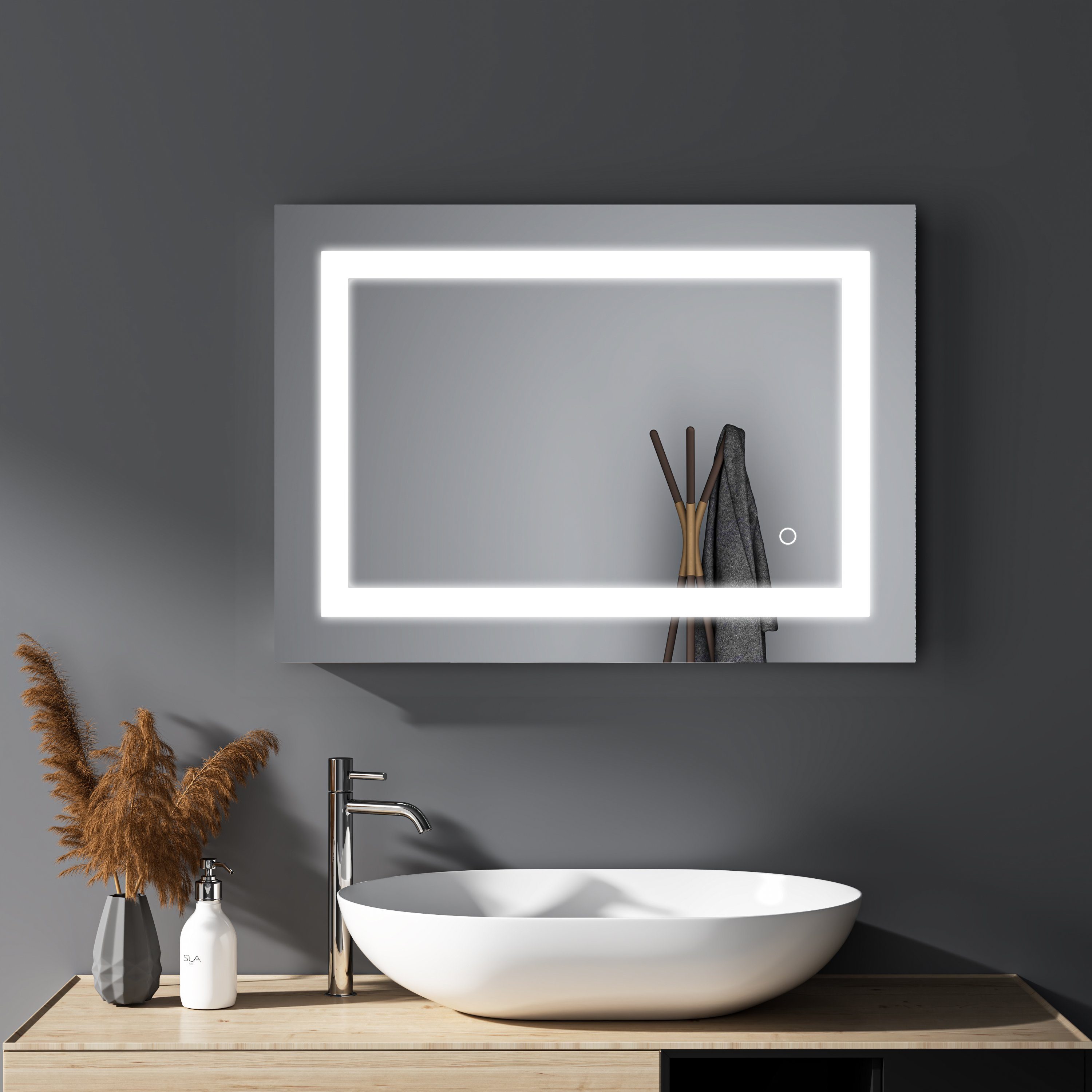 GOEZES Badspiegel Wandspiegel Badezimmerspiegel Led mit Beleuchtung 50 x 70  cm (Lichtspiegel Touch,Spiegel Bad Wand, Kaltweiß), energiesparender,IP44