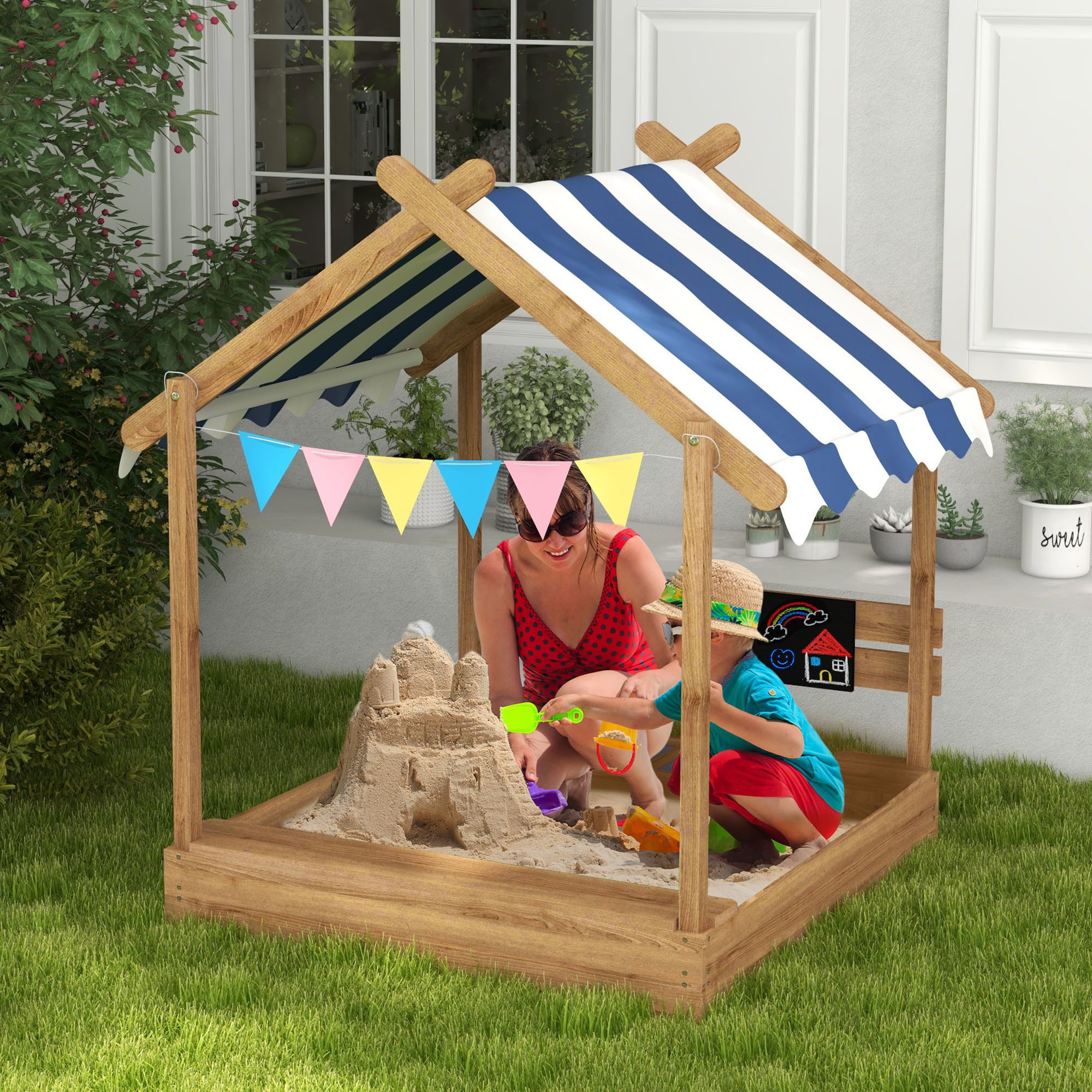 Outsunny Sandkasten Sandkiste aus Holz mit Sitzplatz, (Spielhaus, 1-tlg., Sandbox mit Tafel), für 3-7 Jahre Kinder, 124 x 116 x 146 cm