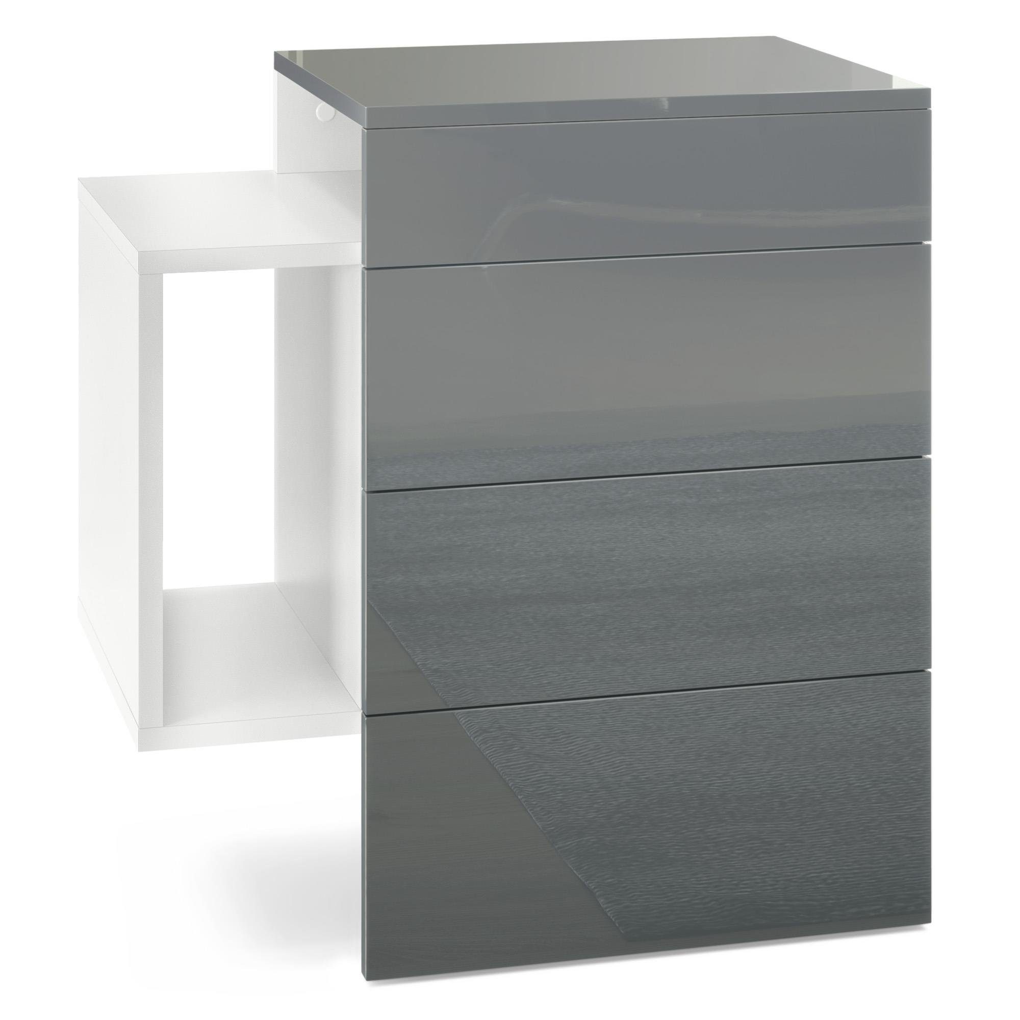 Vladon Nachttisch Queens (Nachttischschrank mit 2 Schubladen, und 1 seitlichem Fach zur Wandmontage), Weiß matt/Grau Hochglanz (60 x 63 x 36 cm)