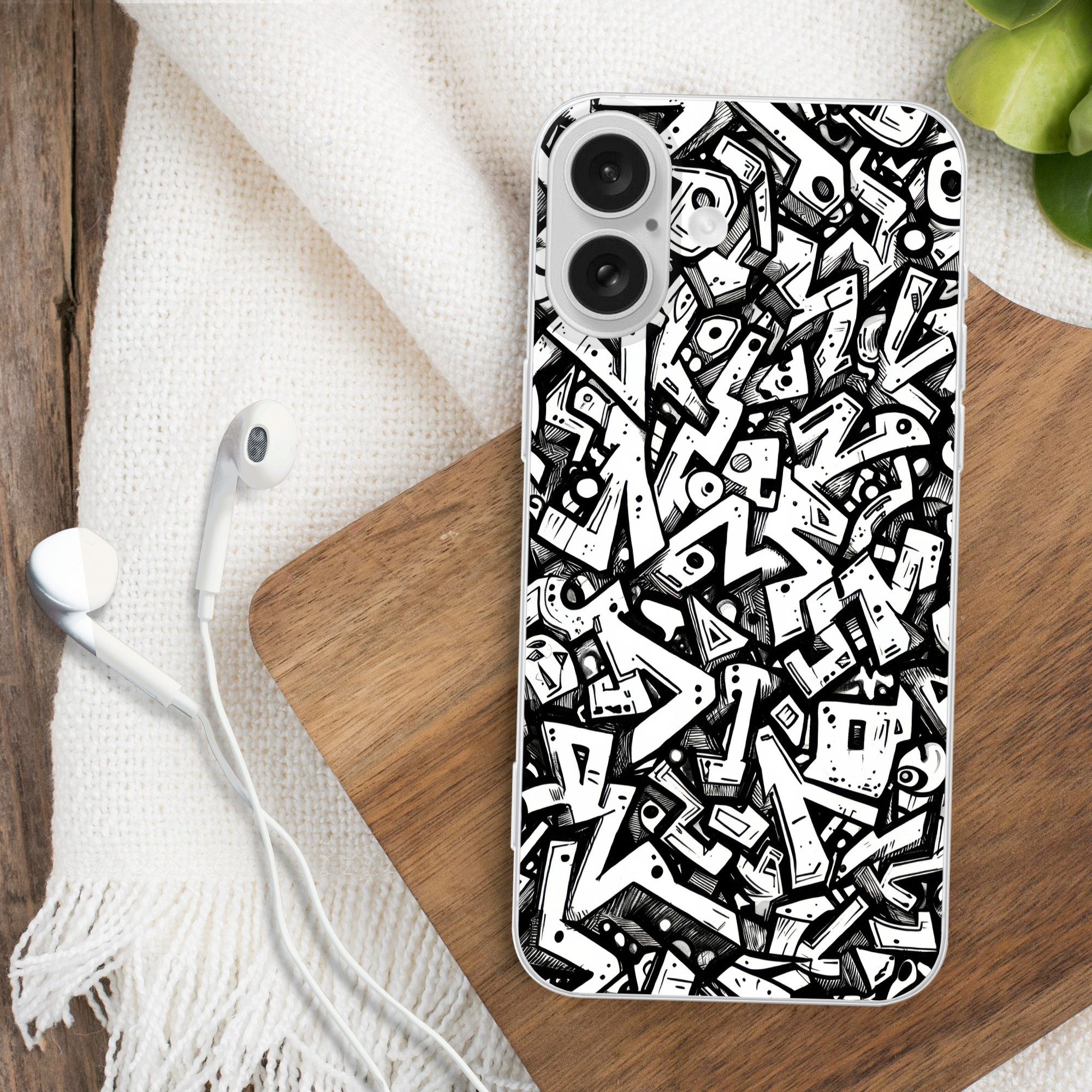 MuchoWow Handyhülle für Apple iPhone 16 Formen - Buchstaben - Graffiti - Schwarz, Smartphone-Bumper, Print, Handy Schutzhülle Dünn