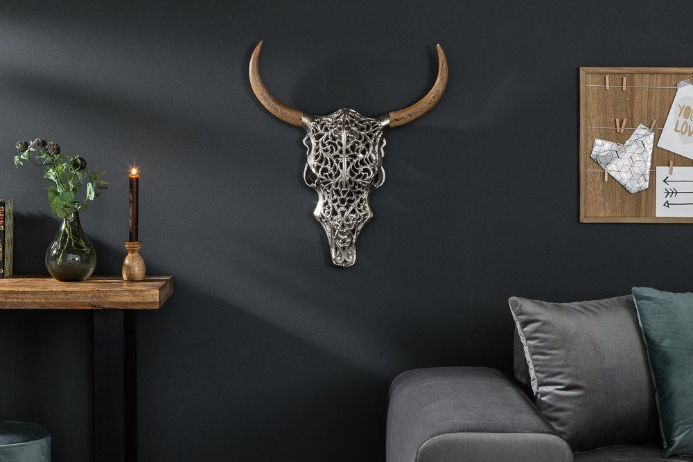 riess-ambiente Wanddekoobjekt EXOTIC BULL 57cm silber/natur - Metall, Mangoholz, Stierkopf, handmade, Tierische Skulptur - ideal für Wohn- und Schlafzimmer oder Flur