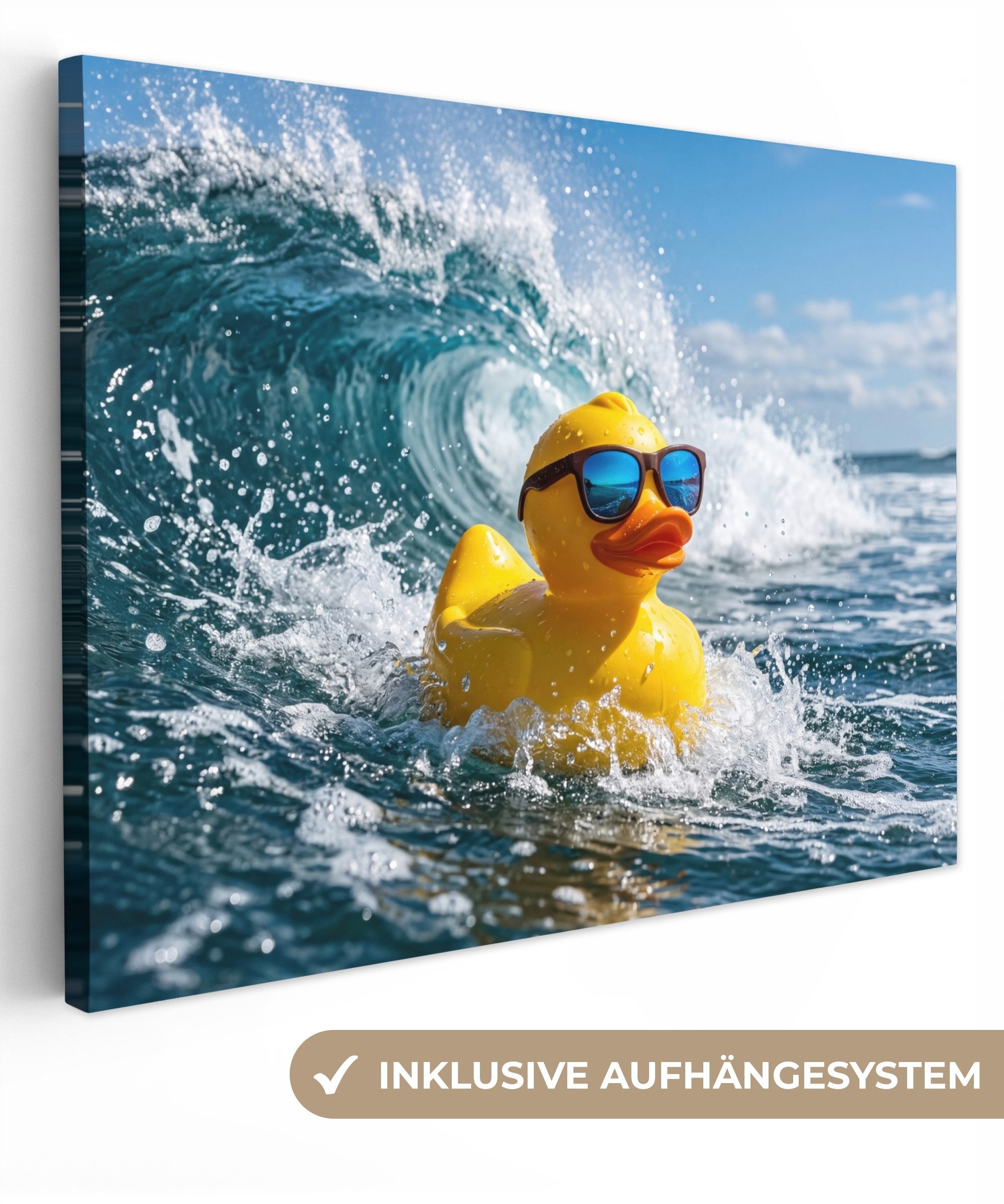 OneMillionCanvasses® Leinwandbild Gummiente - Hart im Nehmen - Wellen, Fotodruck (1 St), Wandbild Leinwandbilder, Aufhängefertig, Wanddeko 40x30 cm
