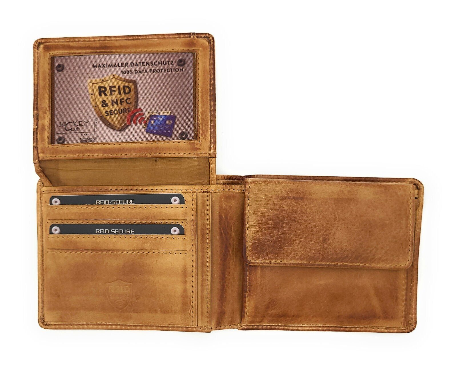 JOCKEY CLUB Geldbörse echt Leder Portemonnaie mit RFID Schutz, gewachstes Rindleder, Hochausleger, vintage, cognac braun