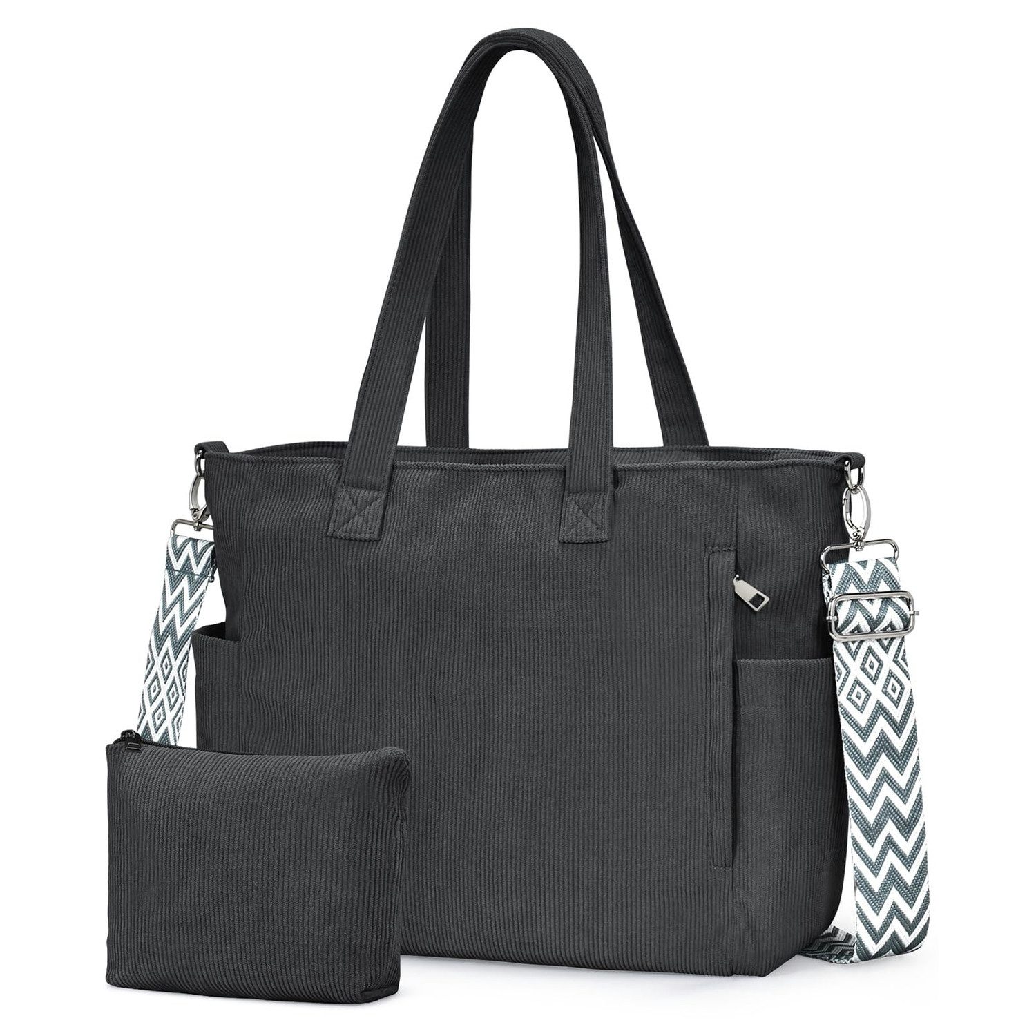 LuxusKollektion Umhängetasche Cord Shopper Tasche Damen 2-tlg. Schwarz-Grau