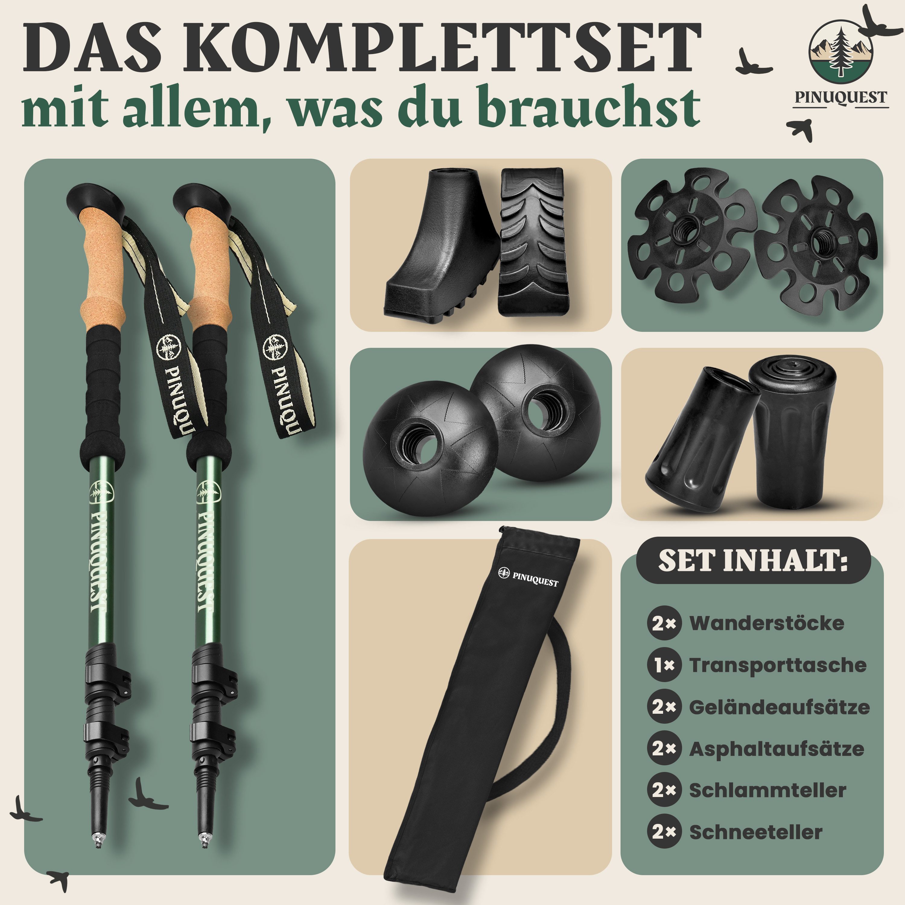 PINUQUEST Trekking-Stöcke Wanderstöcke mit 4 Aufsätzen (1 St), Teleskopstock Nordic Walking mit Aufbewahrungsbeutel, leicht, grün