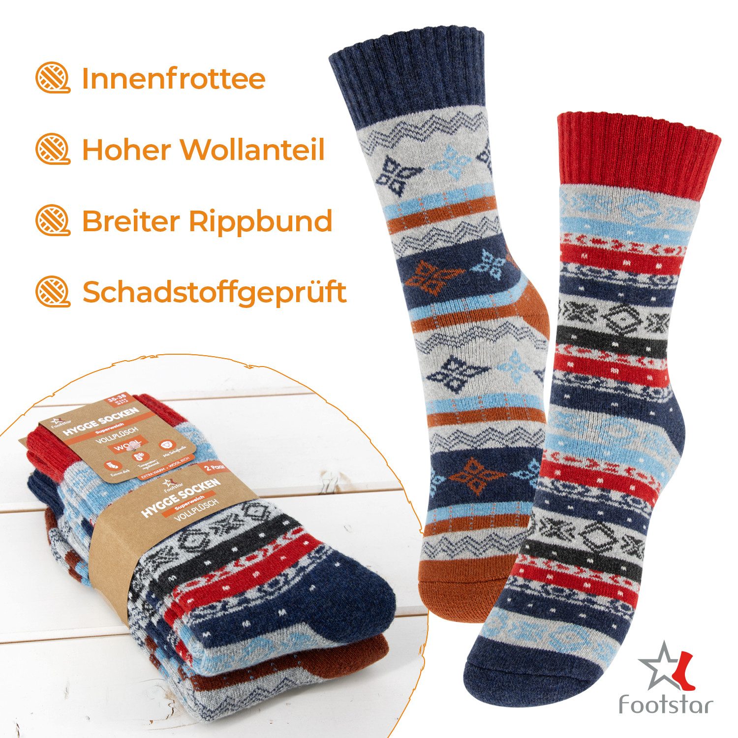 Footstar Thermosocken 2 Paar Warme Hygge Winter Wollsocken im Vintage-Desig günstig online kaufen