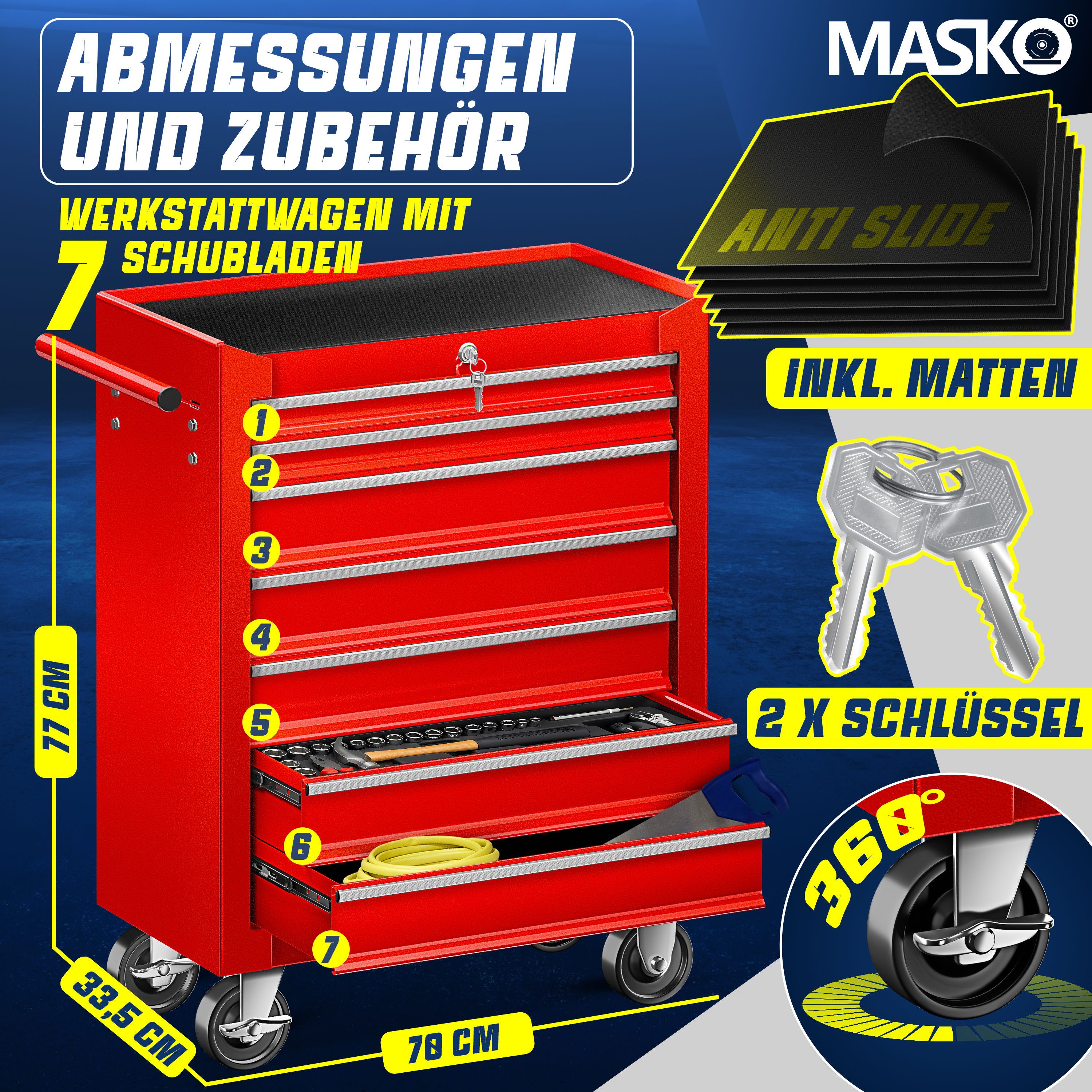 MASKO Werkstattwagen, 7 Fächer Rot, Werkzeugwagen günstig online kaufen