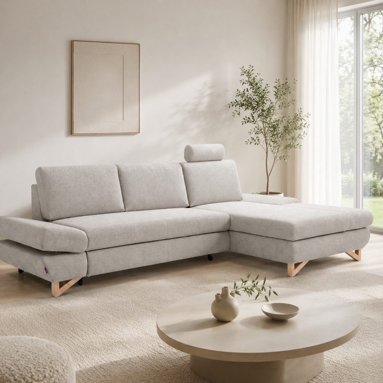 Goldstoff Ecksofa "LUCIA" mit Schlaffunktion und Bettkasten, Modernes Schlafsofa, 1 Teile, L Sofa Couch mit Relaxfunktion, verstellbaren Kopfstützen
