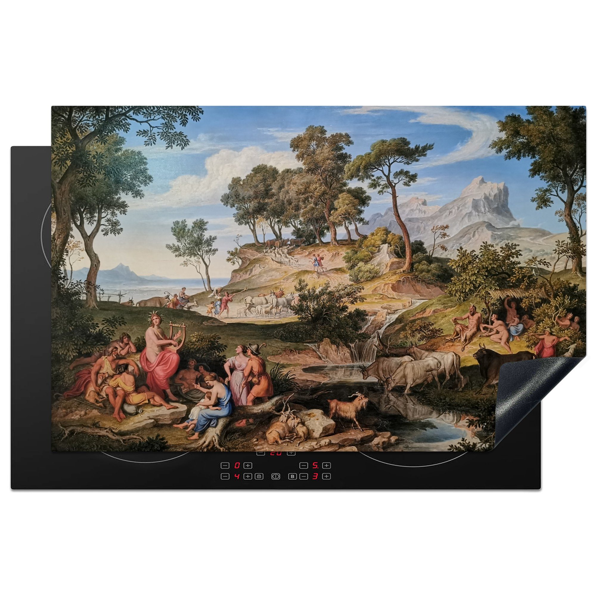 MuchoWow Herdblende-/Abdeckplatte Apollo bei den Hirten - Gemälde von Joseph Anton Koch, Vinyl, (1 tlg), 81x52 cm, Induktionskochfeld Schutz für die küche, Ceranfeldabdeckung | Herdabdeckplatten