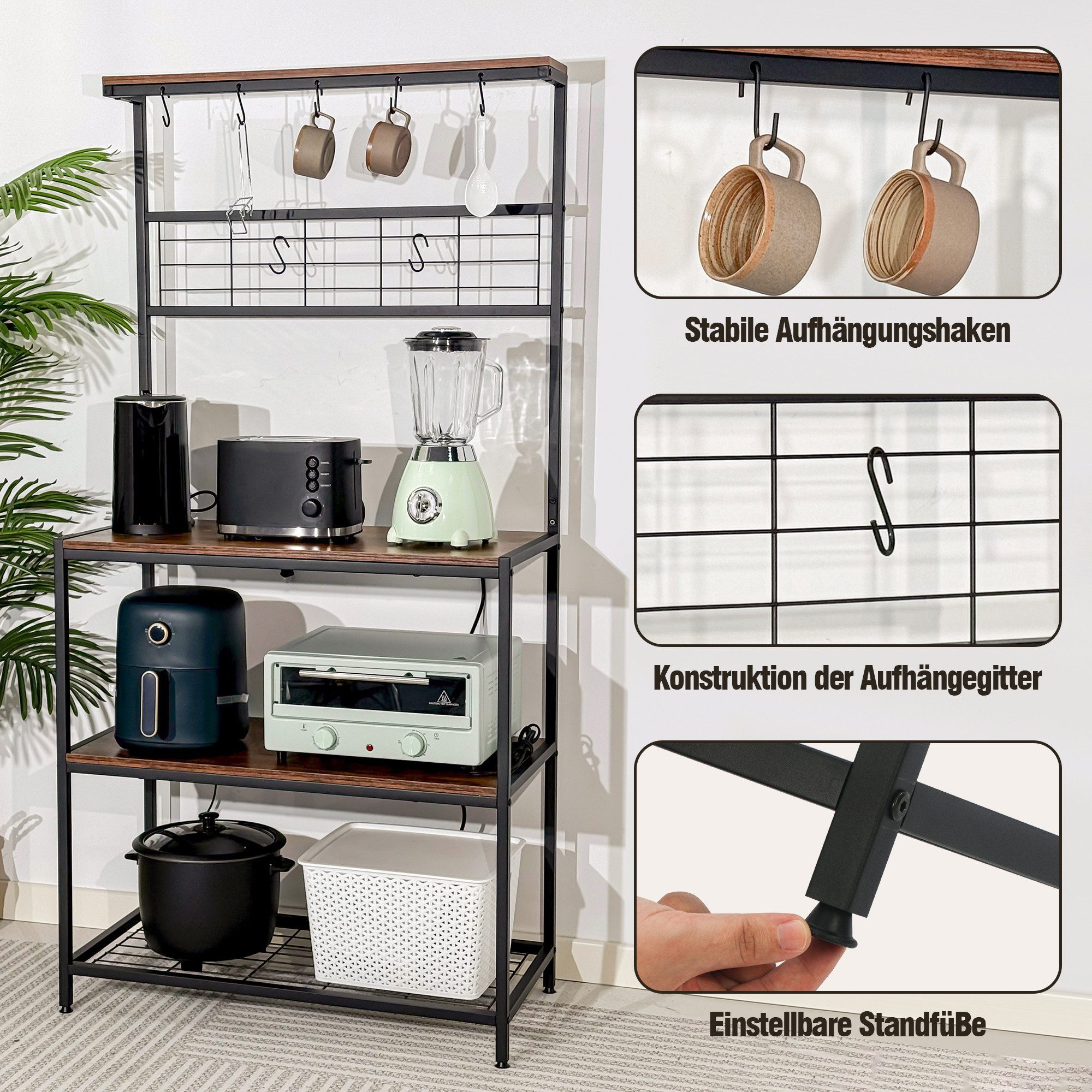 BIGTREE Standregal Küchenregal mit 4 Ablagen,7 Haken,Mikrowellen-Regal 80 x 40 x 170 cm