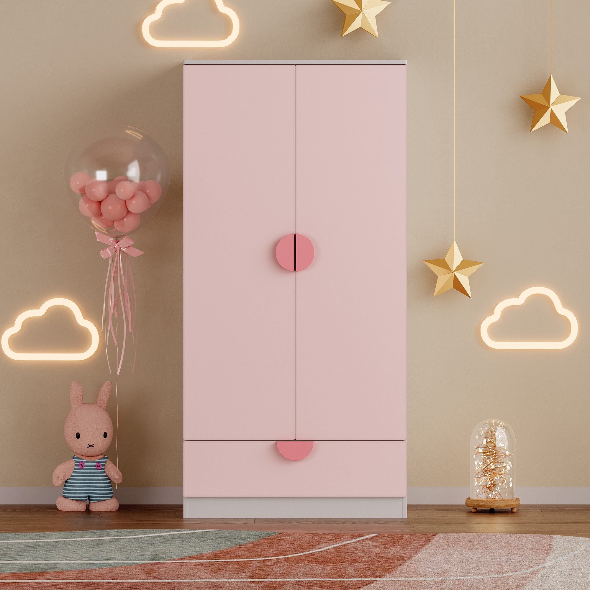 en.casa Kinderkleiderschrank »Sandnes« mit Schublade 123x60x40 cm Rosa/Weiß