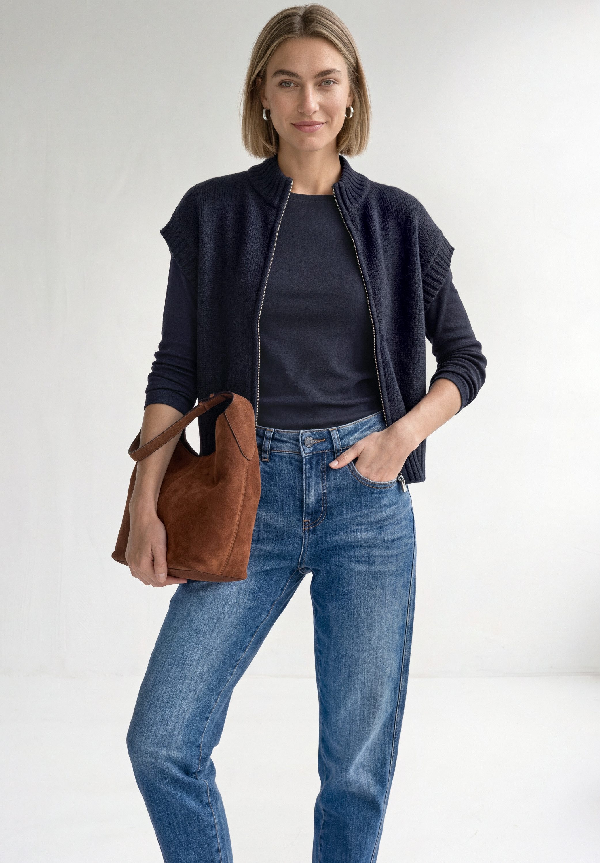 STREET ONE Strickjacke Kurzarm-Cardigan mit Turtle Neck und Zipper