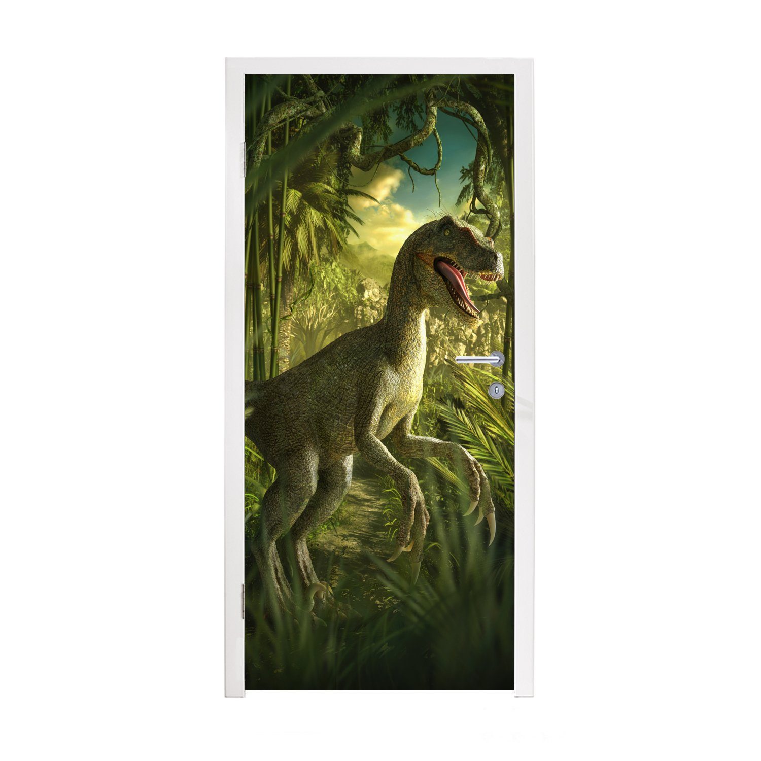 MuchoWow Türtapete Dinosaurier - Pflanzen - Grün - Illustration - Kinder - Jungen, Matt, bedruckt, (1 St), Fototapete für Tür, Türaufkleber, 75x205 cm