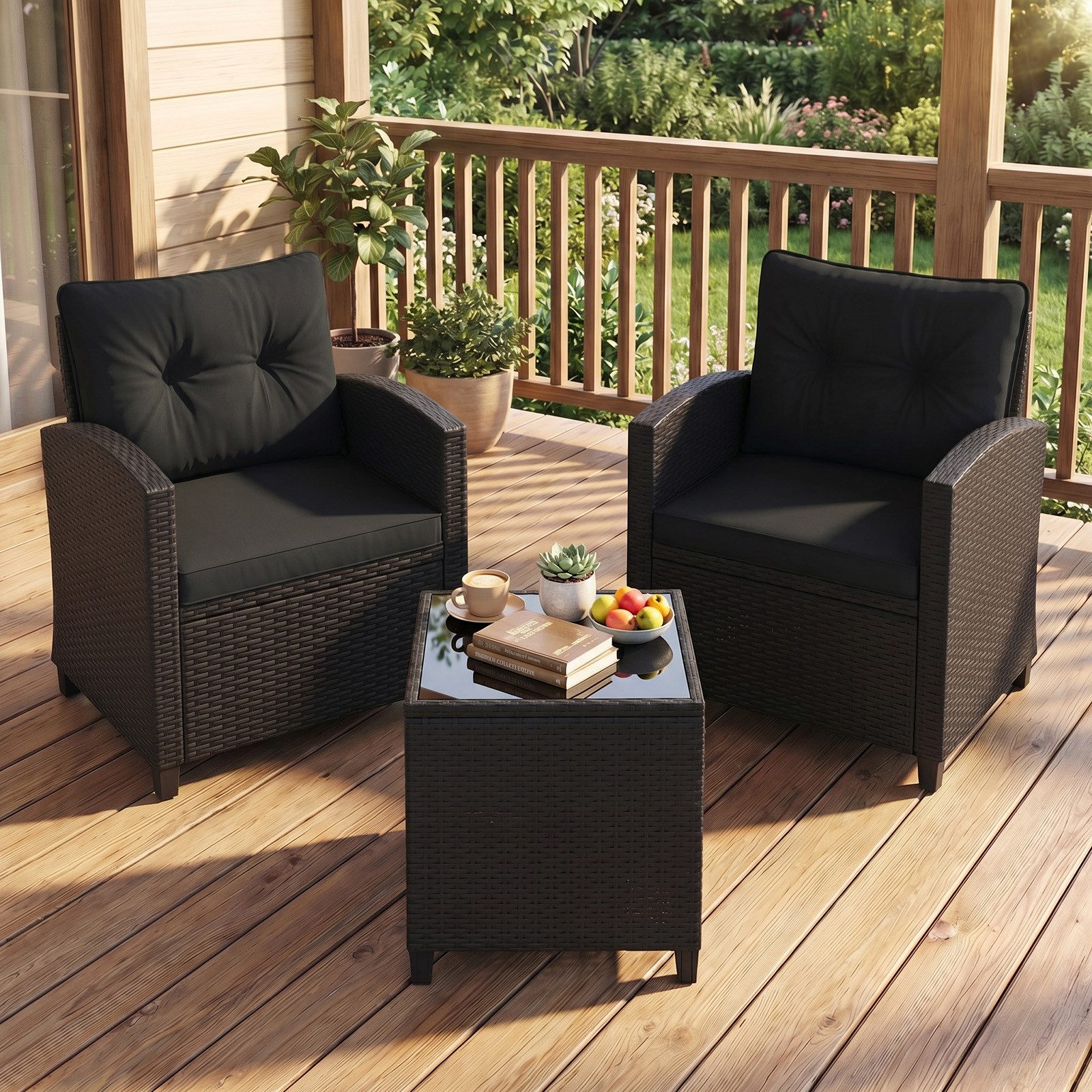 COSTWAY Balkonset, (3-tlg), Gartenmöbel Set Rattan mit Kissen, 2 Stühlen, Tisch