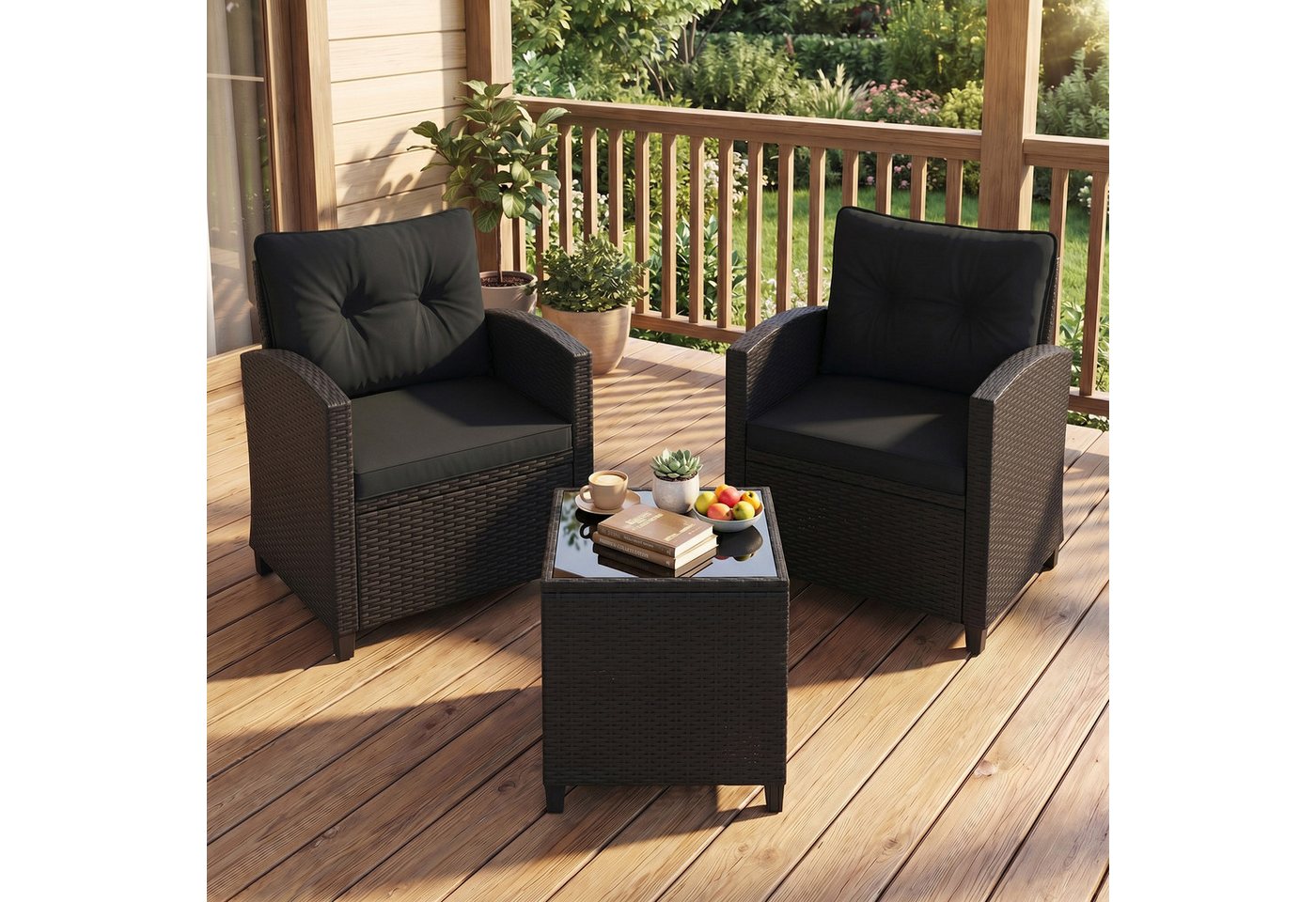 COSTWAY Balkonset, (3-tlg), Gartenmöbel Set Rattan mit Kissen, 2 Stühlen, Tisch