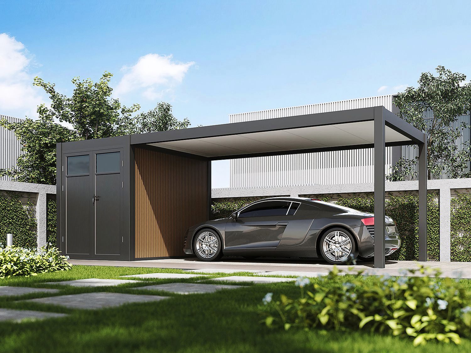 Weide Einzelcarport Carport mit Schuppen aus Aluminium 3 x 7,2 M Garage anthrazit, BxT: 720x300 cm, 236 cm Einfahrtshöhe
