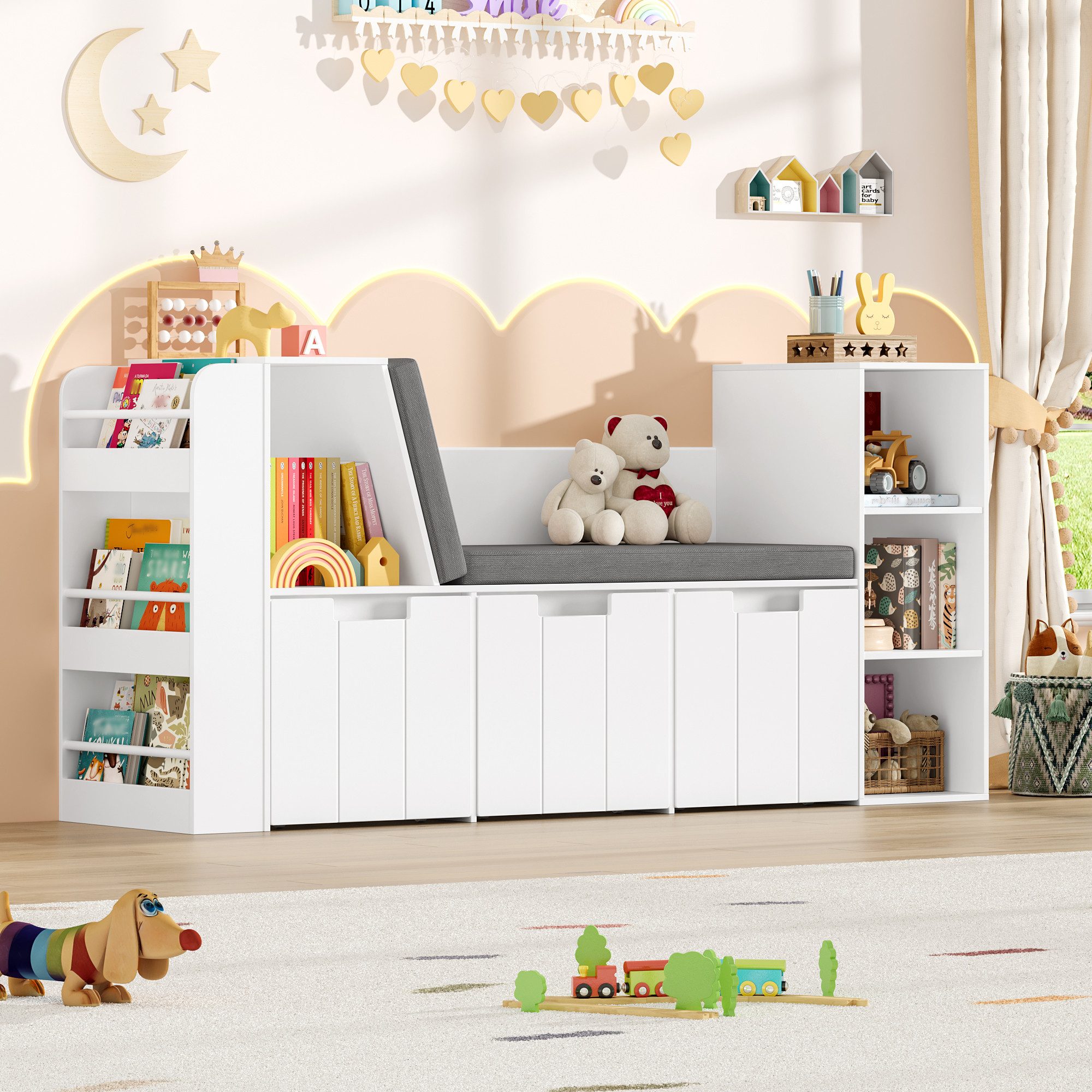 HOMECHO Spielzeugtruhe, 156cm Kinderregal mit Sitzbank, Boxen auf Rollen – Bild 4 von 5