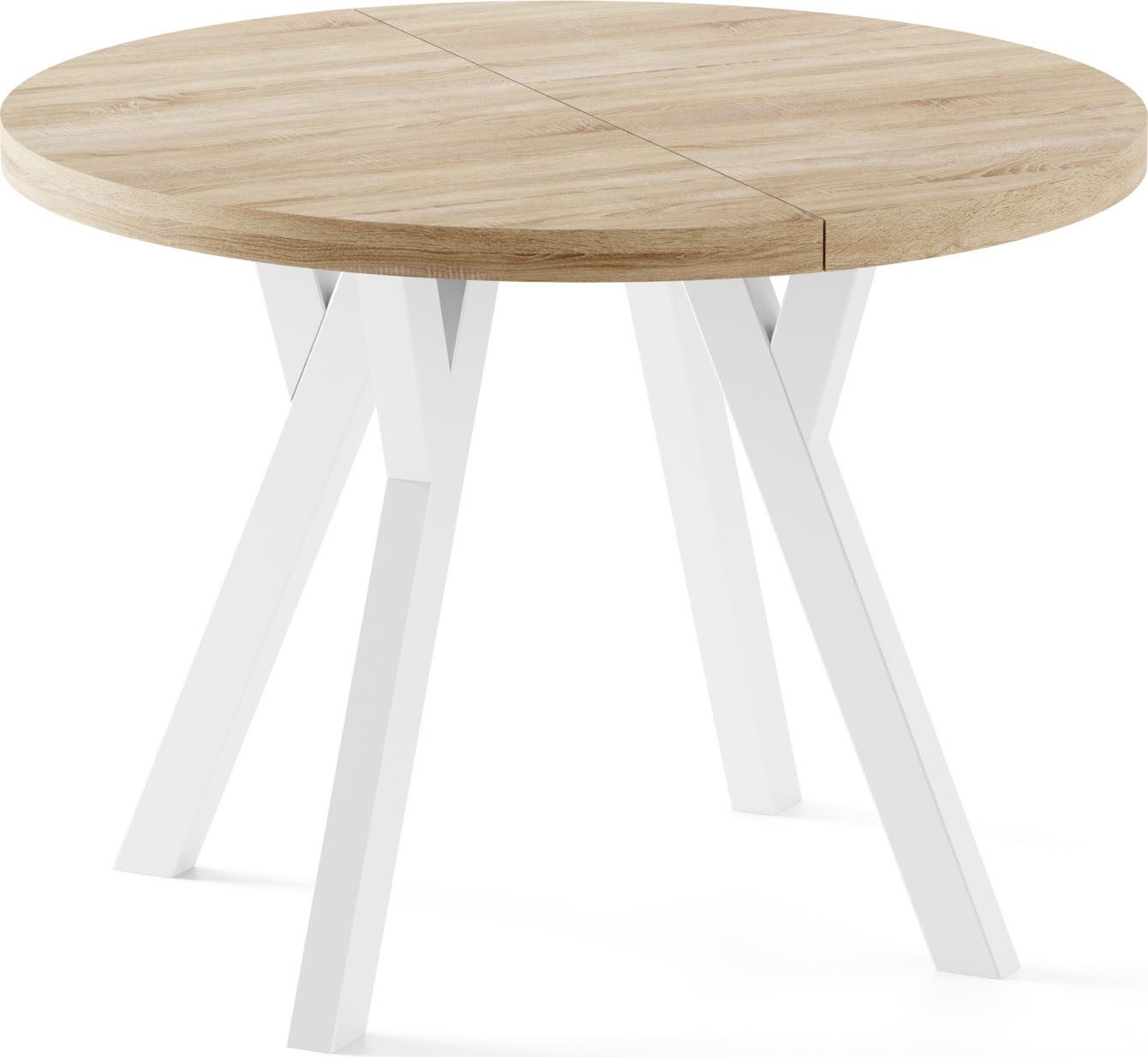 WFL GROUP Esstisch Twixy ausziehbar rund industrial mit weißen Holzbeinen (MADE IN EU, erhältlich in 2 Größen – Durchmesser 100 cm, ausziehbar auf 250/300 cm), XXL groß extra lang Ausziehtisch für 5-16 oder 5-14 Personen