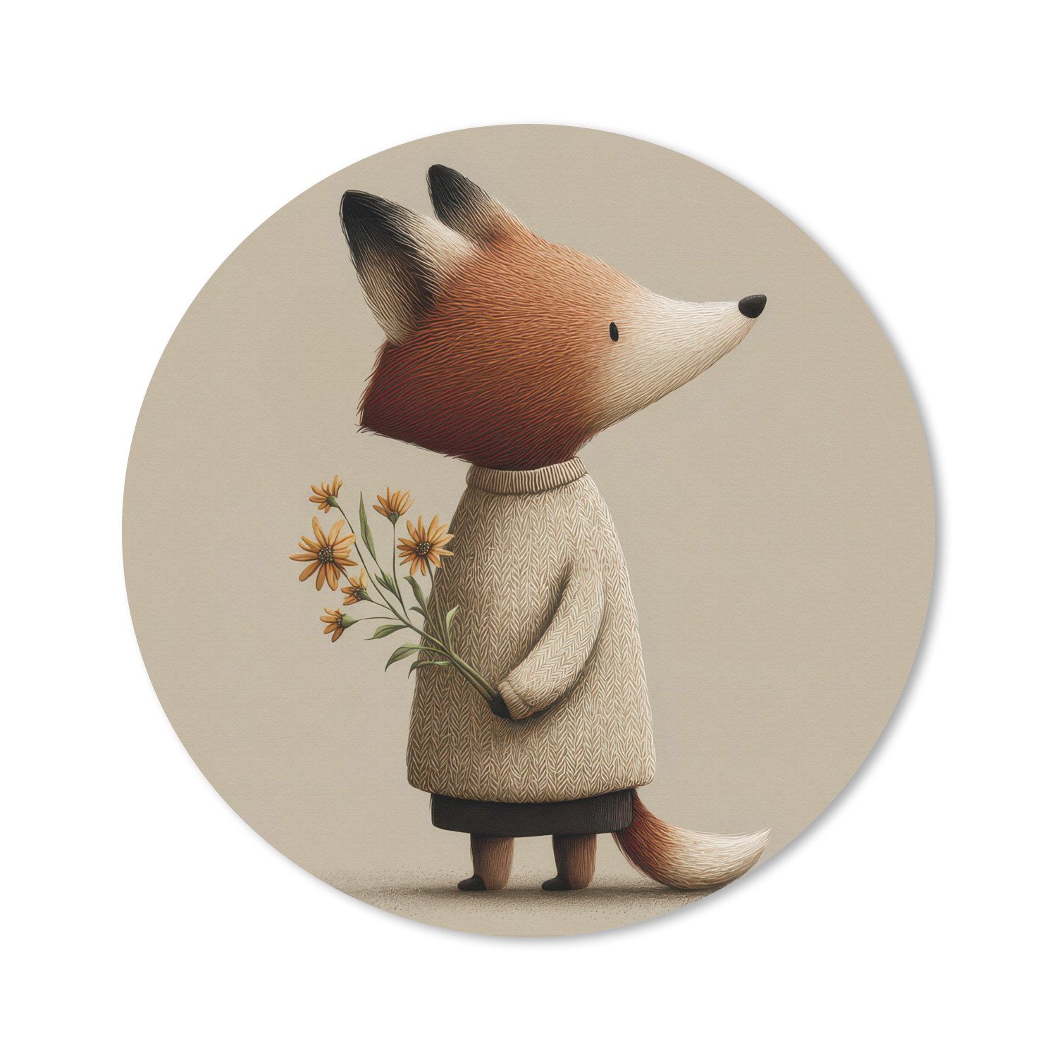MuchoWow Mauspad Fuchs - Gelbe Blumen - Minimalistisch (1-St), Mousepad mit Rutschfester Unterseite, Gaming, Rund, 30x30 cm