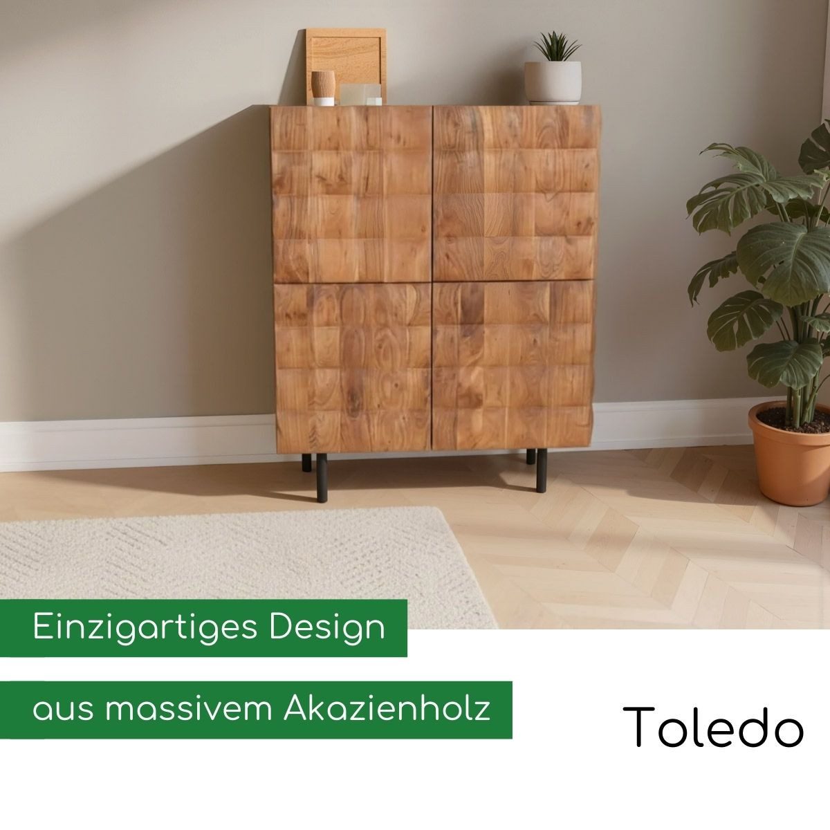 CASA DOMA Highboard Toledo, Sideboard, Kommode, 4 Türen, Push-to-open-Funktion, Akzienholz massiv braun, Relief-Front, Metallfüße schwarz