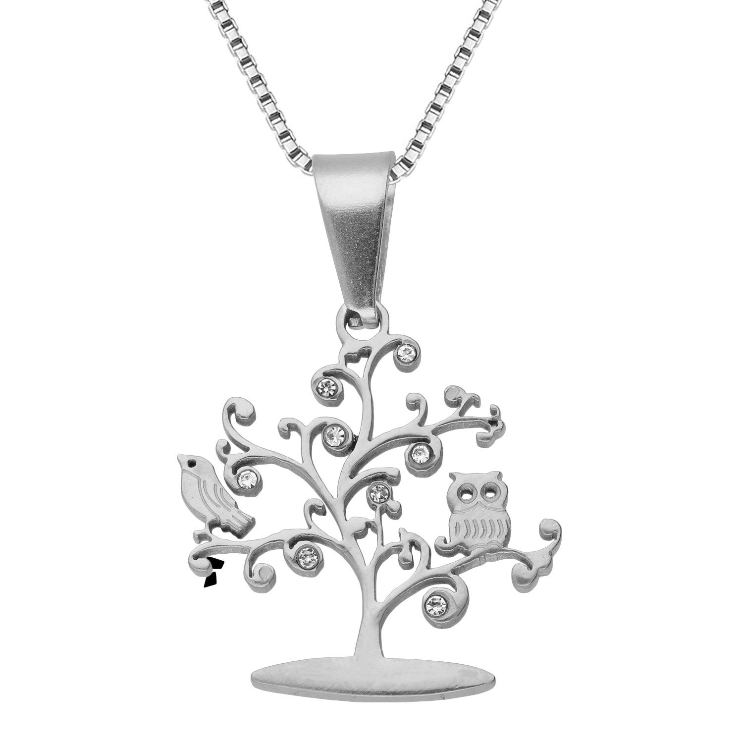 Kette mit Anhänger 750er Weißgold vergoldet Edelstahl Kette Eule Baum Zirkonia Anhänger